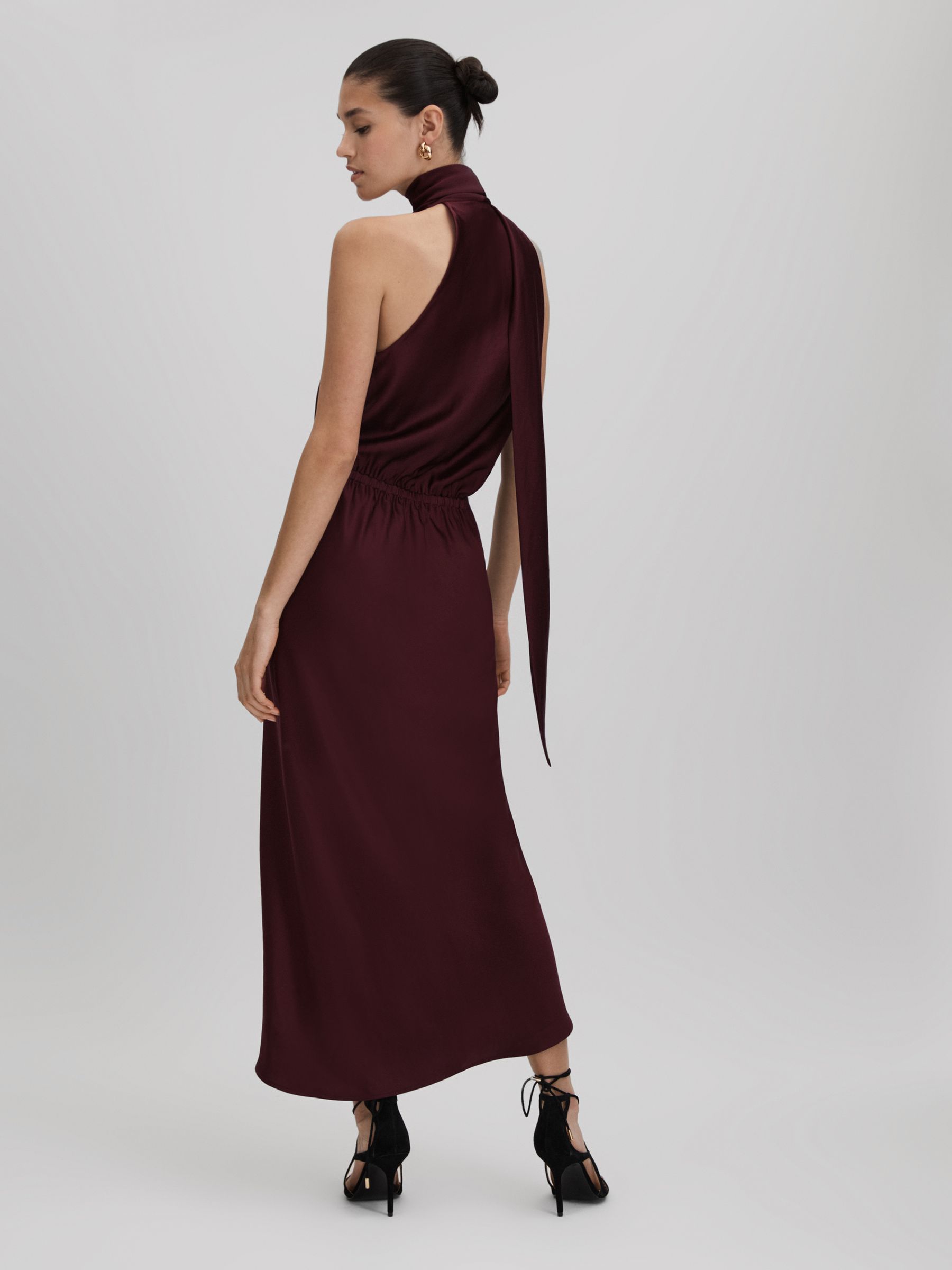 Reiss Satin Wrap Front Midi Dress in Burgundy REISS