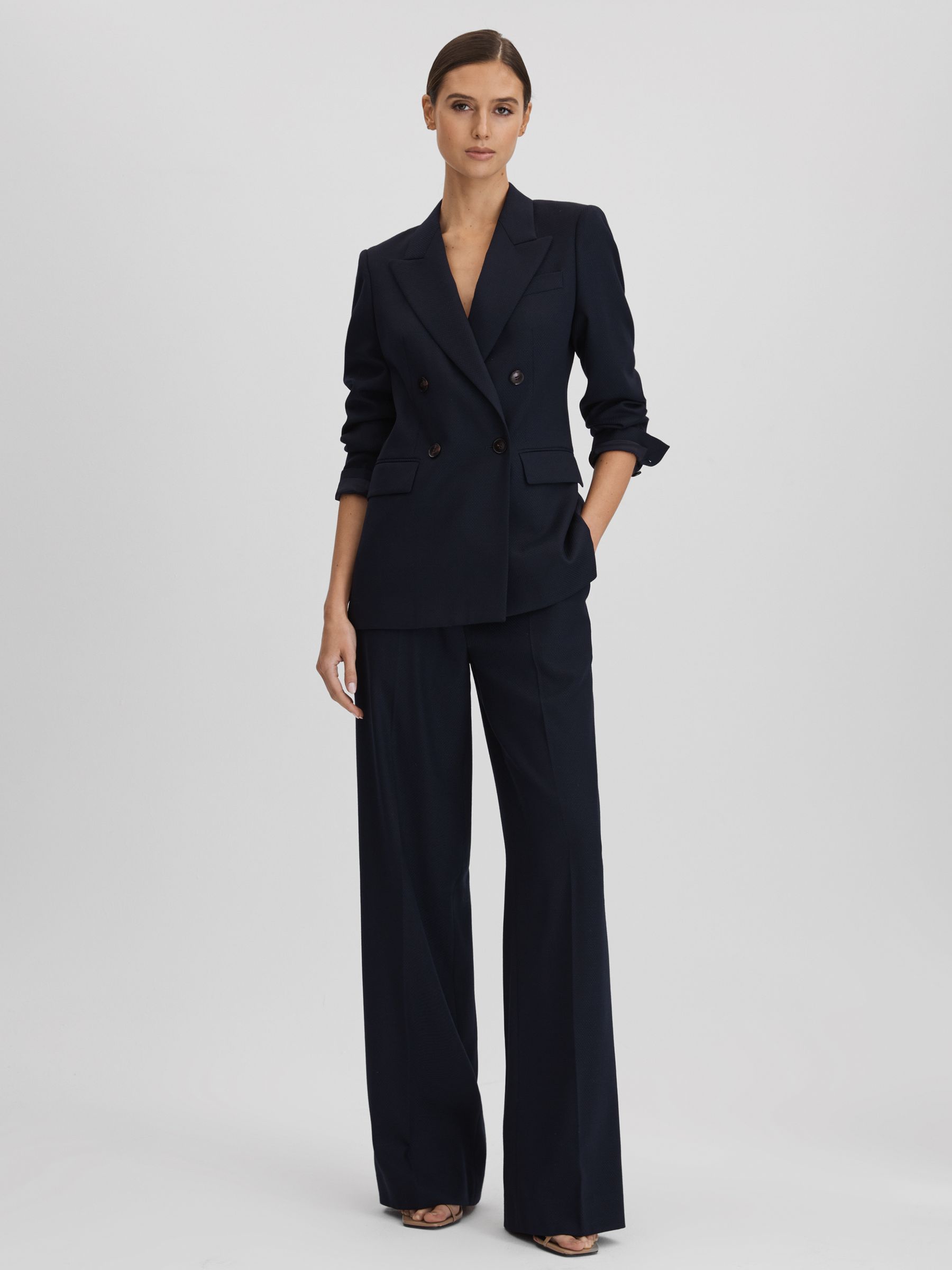 Reiss Wool Blend Wide Leg Suit Trousers in Navy REISS