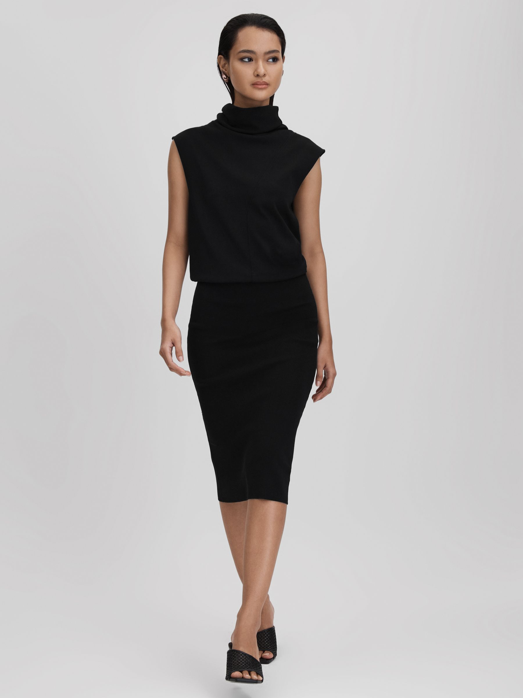 Reiss Roll Neck Draped Midi Dress in Black REISS