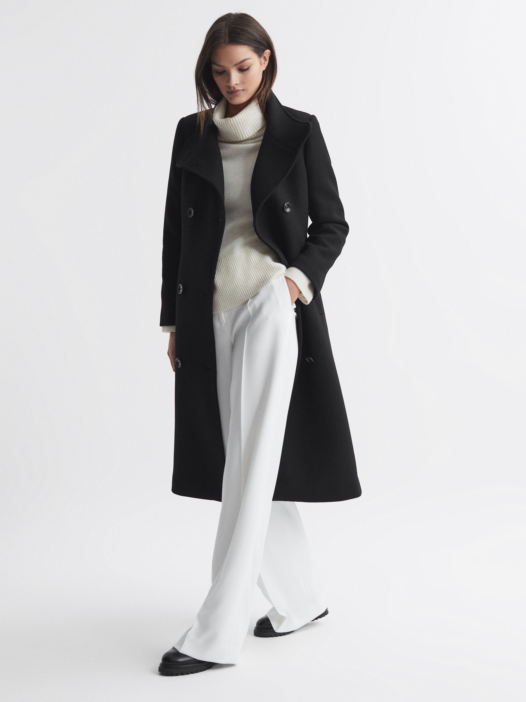Wool Blend Double Breasted Long Coat in Black