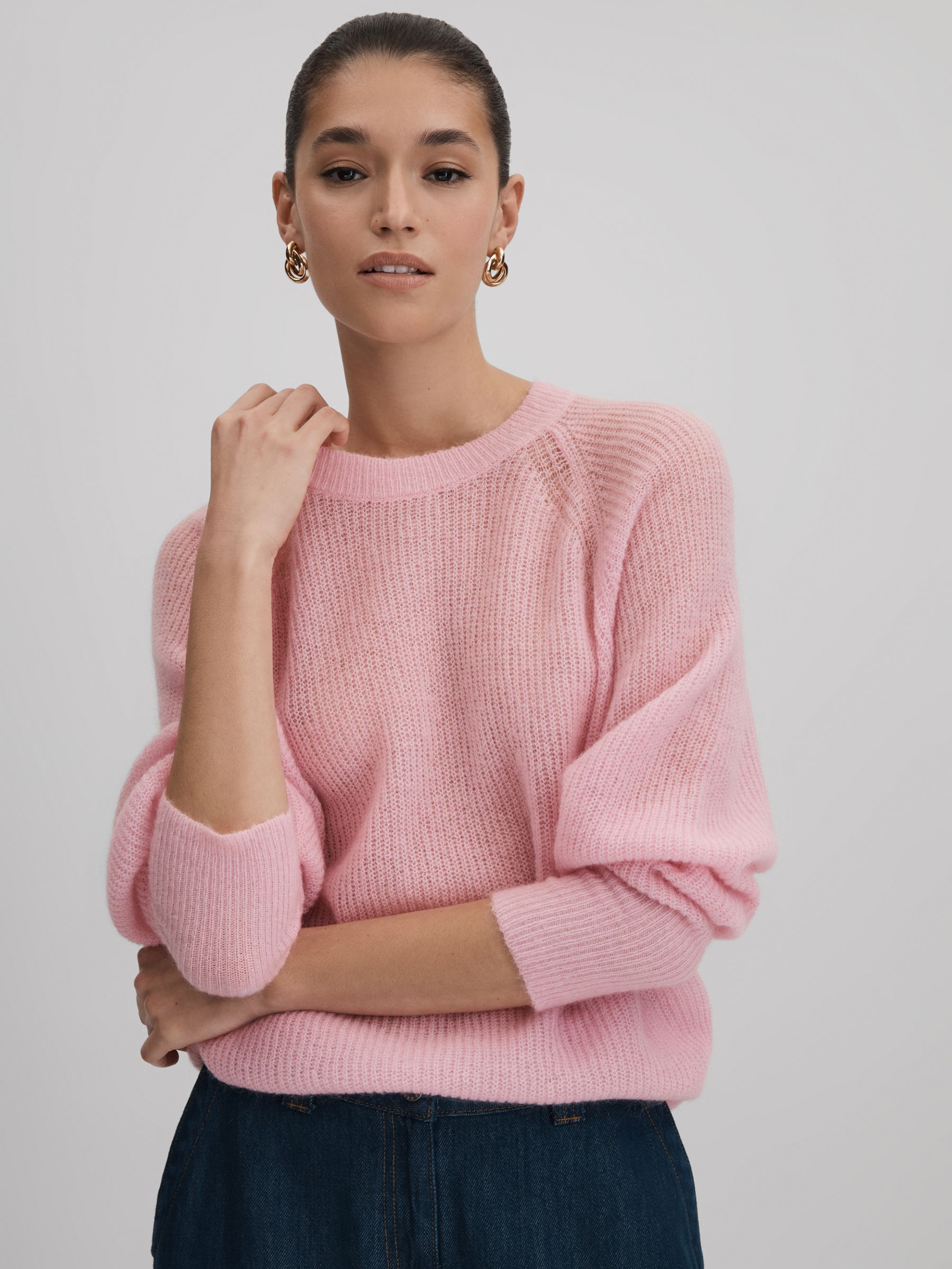 Reiss Oversized Crew Neck Jumper with Mohair in Light Pink REISS