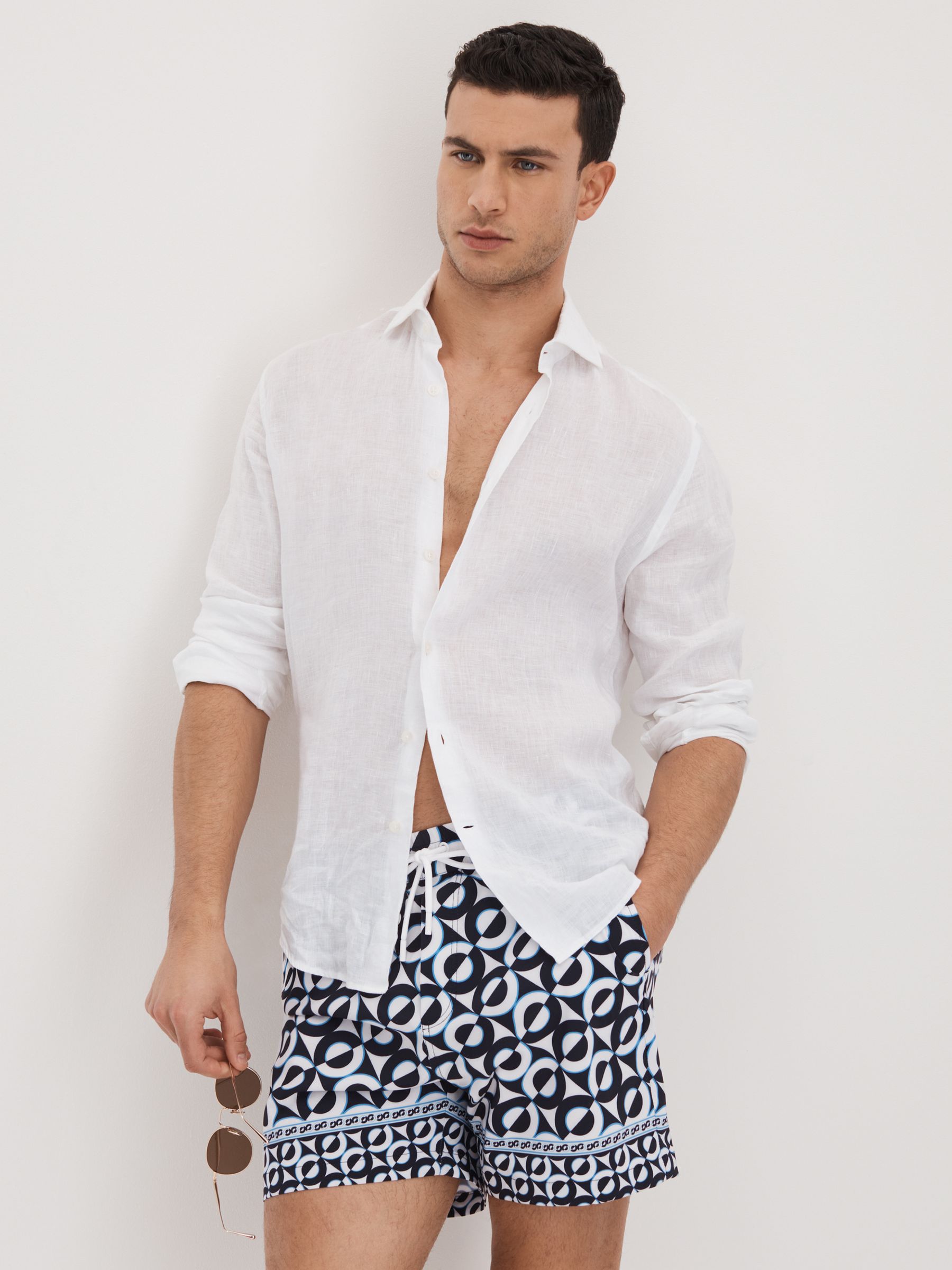 Printed Drawstring Swim Shorts in Lapis Blue