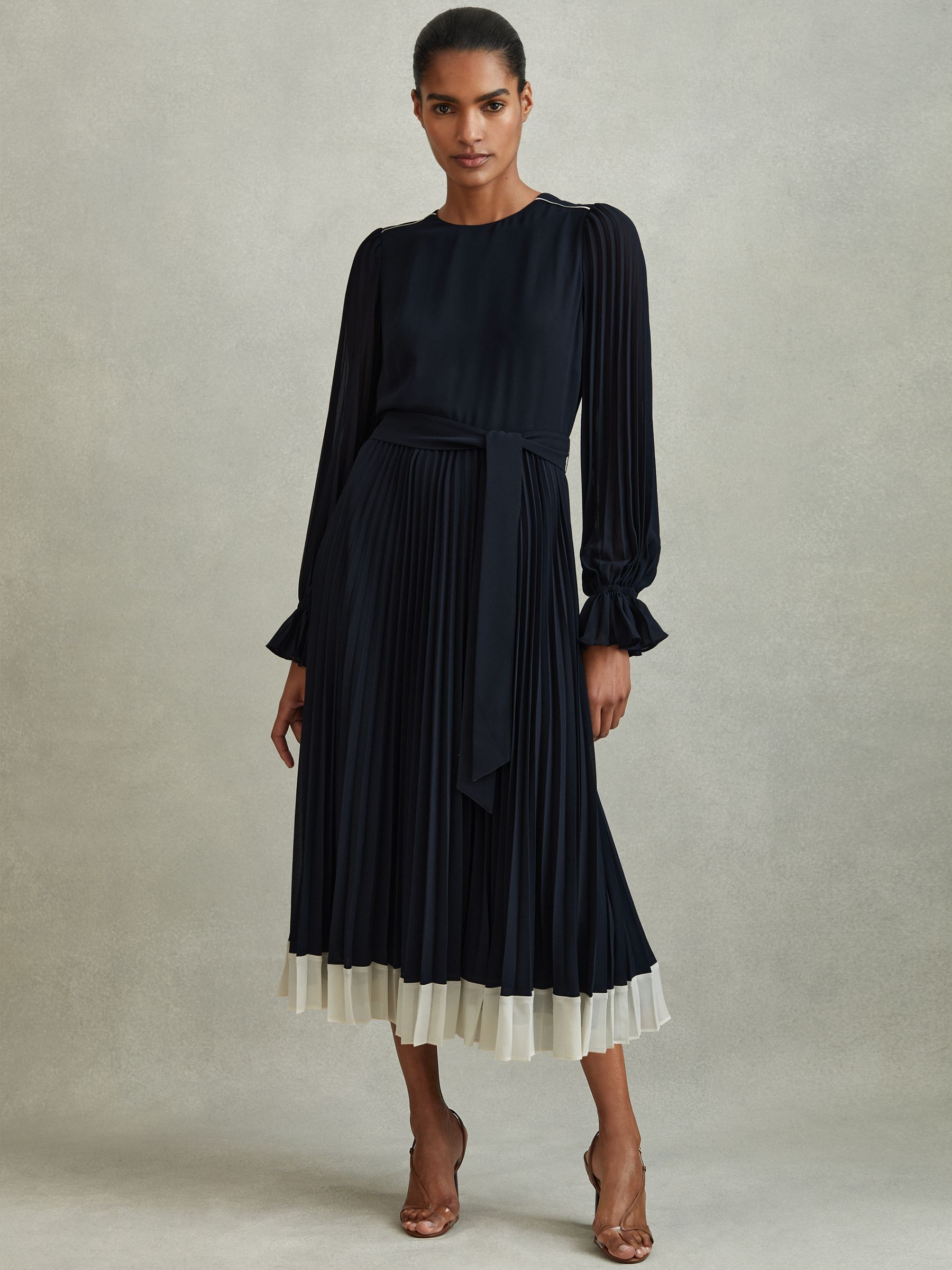 Reiss Pleated Belted Midi Dress in Navy Cream REISS
