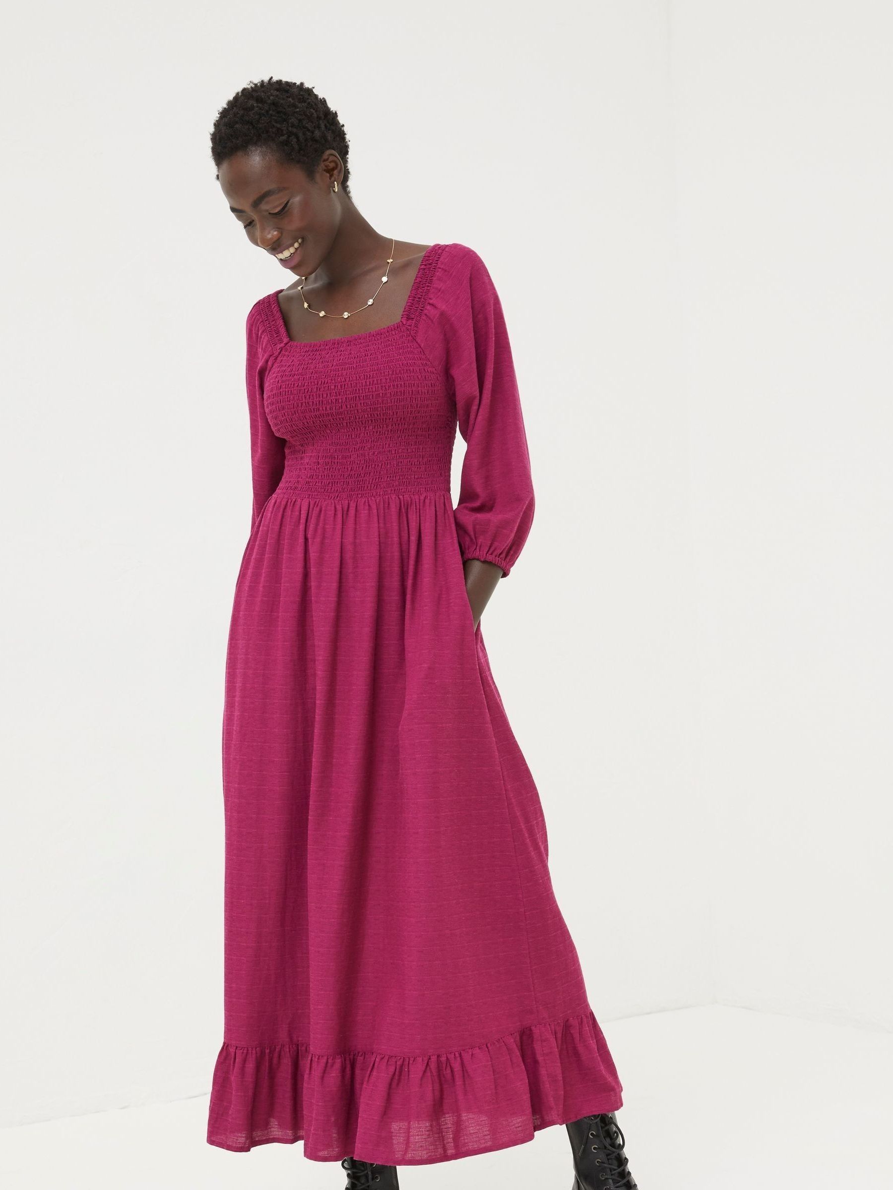 Adele Red/Pink Midi Dress With Linen | FatFace