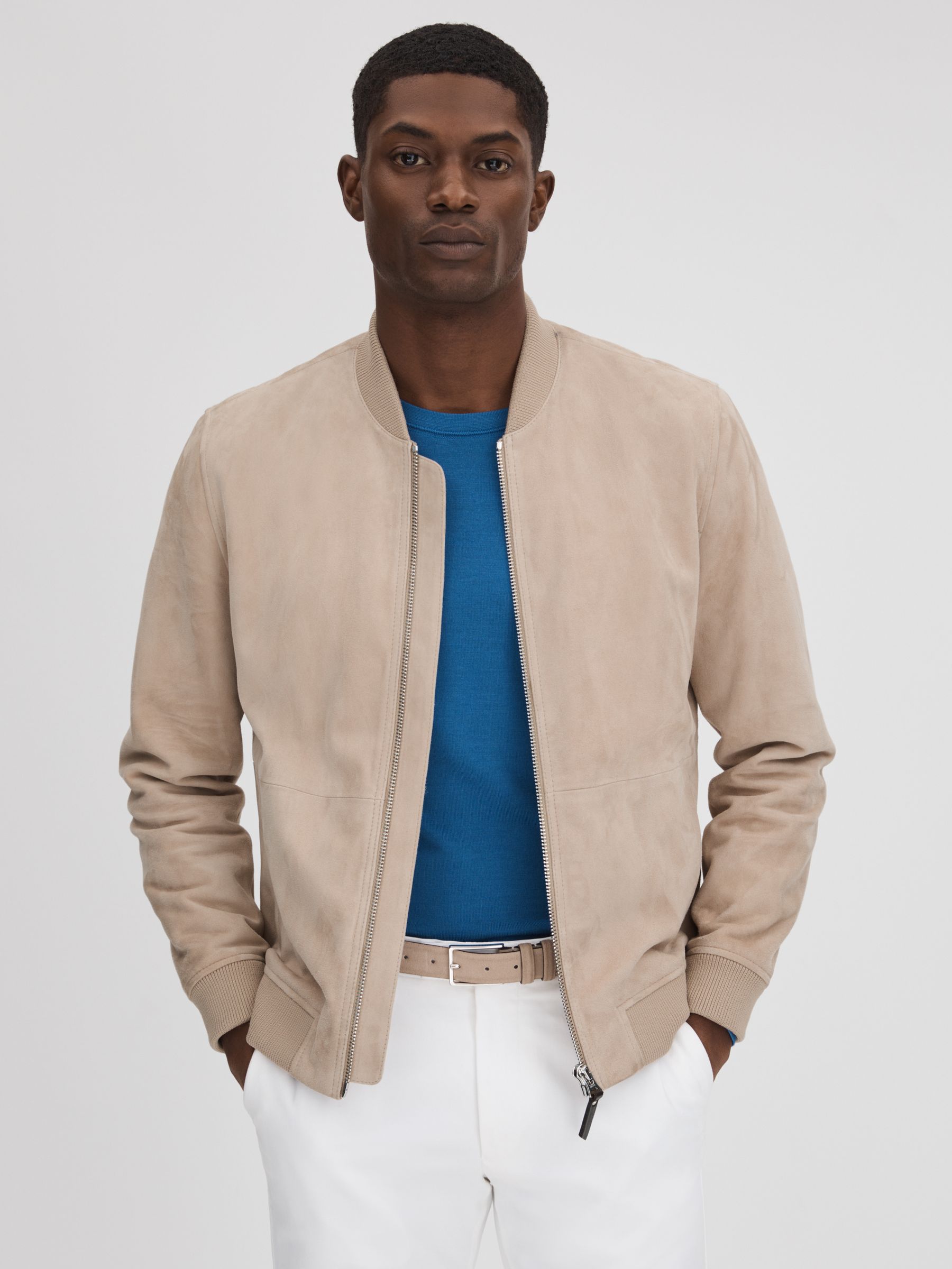 Reiss Suede Zip Through Bomber Jacket in Stone REISS