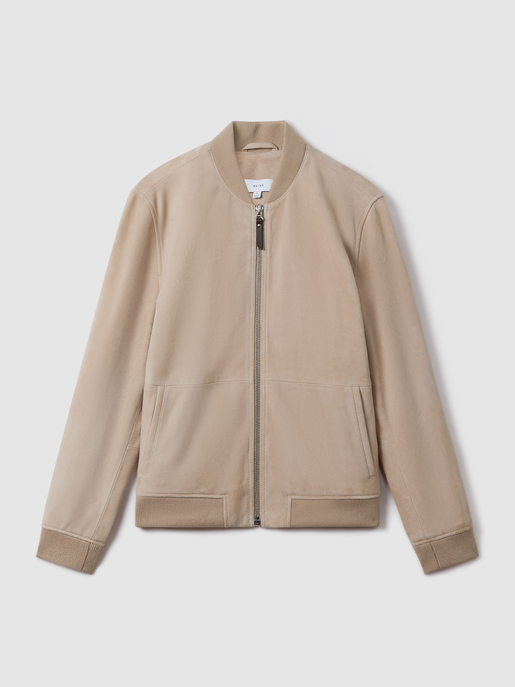Reiss Suede Zip Through Bomber Jacket in Stone REISS