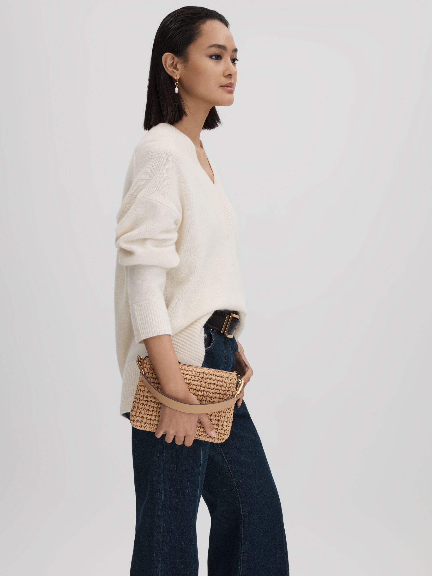 Reiss Leather Raffia Pouch Bag in Tan REISS