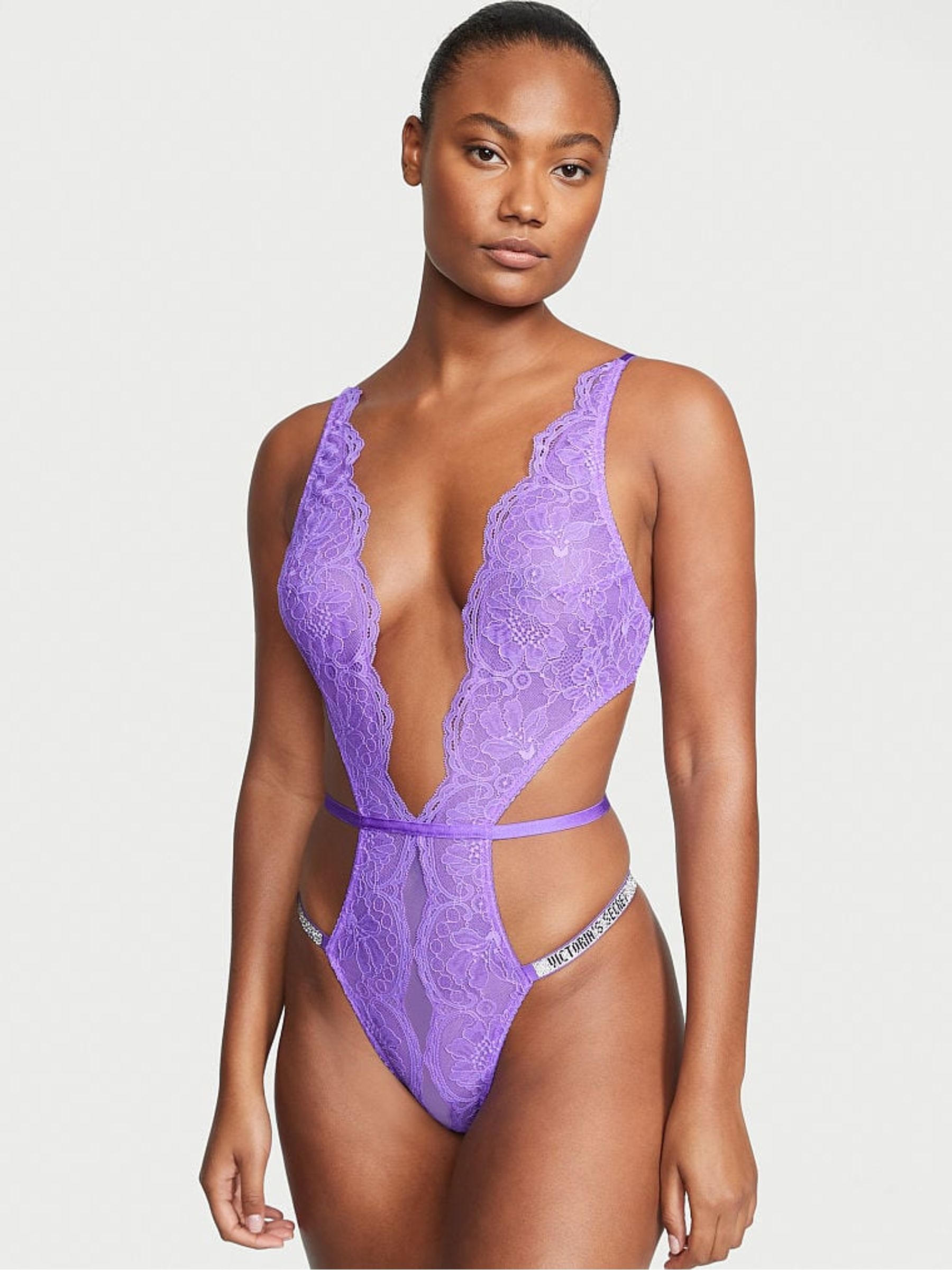Buy Victoria s Secret Luscious Lavender Purple Shine Strap Lace Crotchless Bodysuit from the Victoria s Secret UK online shop