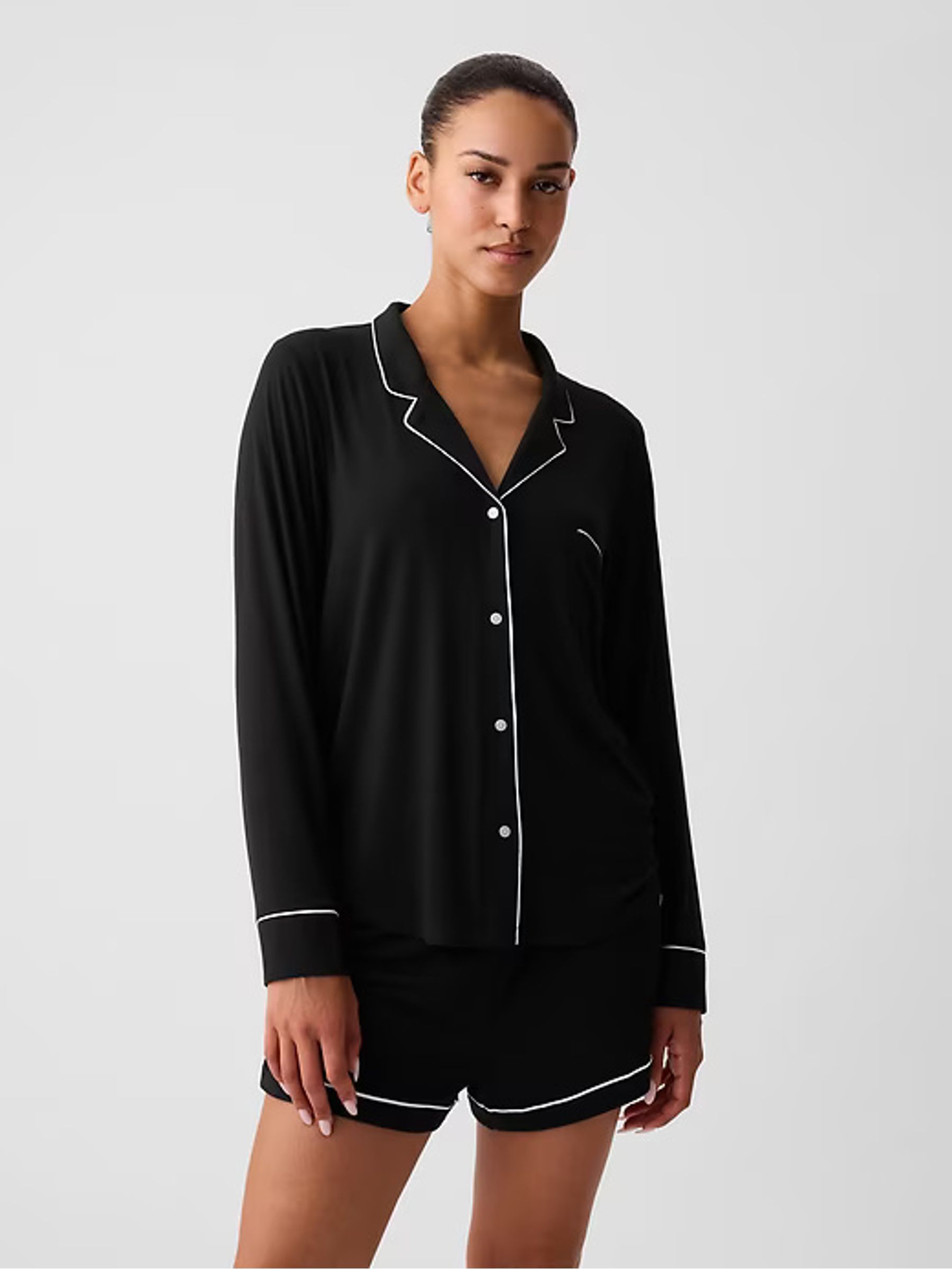 Black Modal Long Sleeve Pyjama Shirt