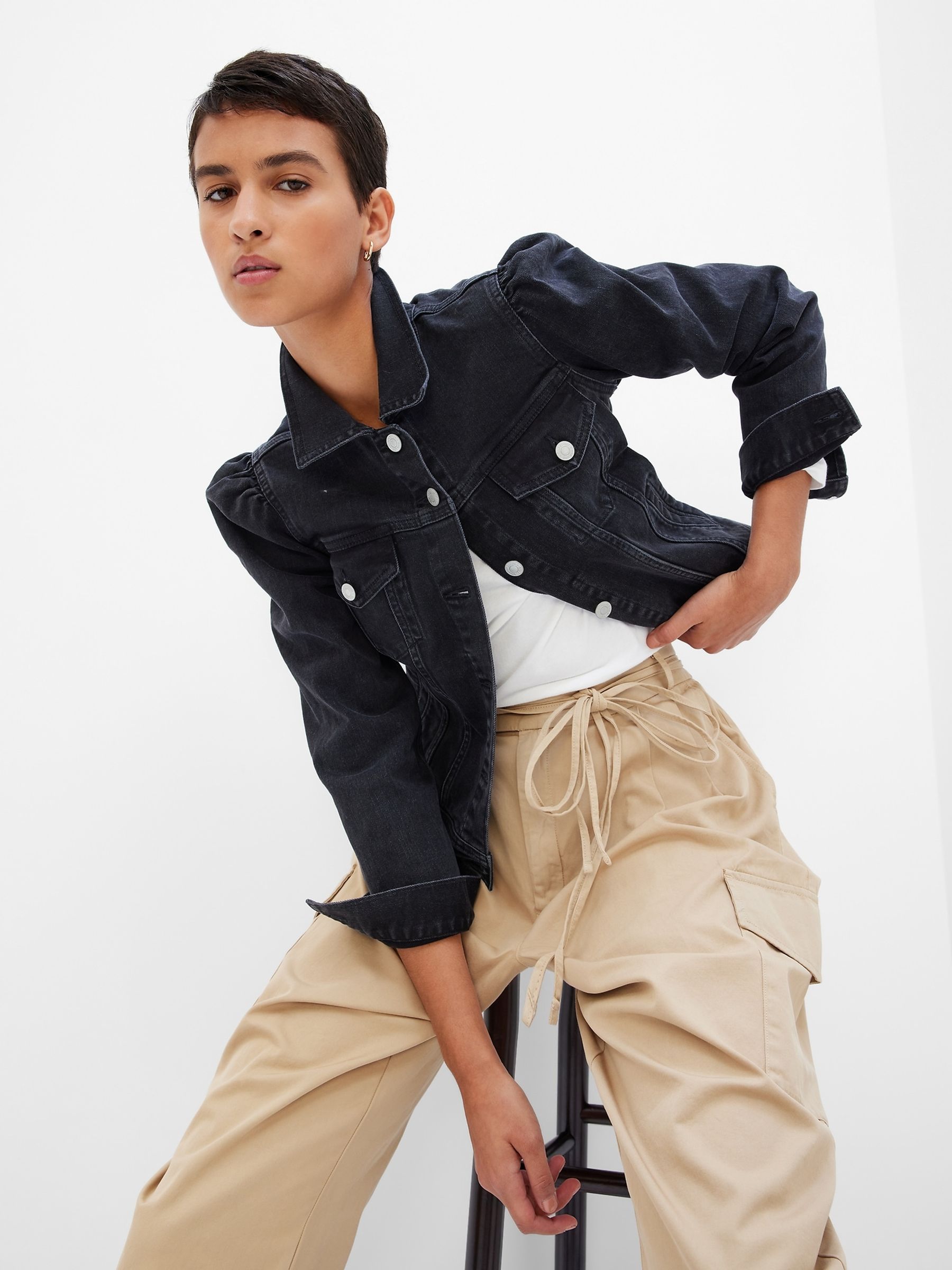 Puff sleeve denim jacket uk top