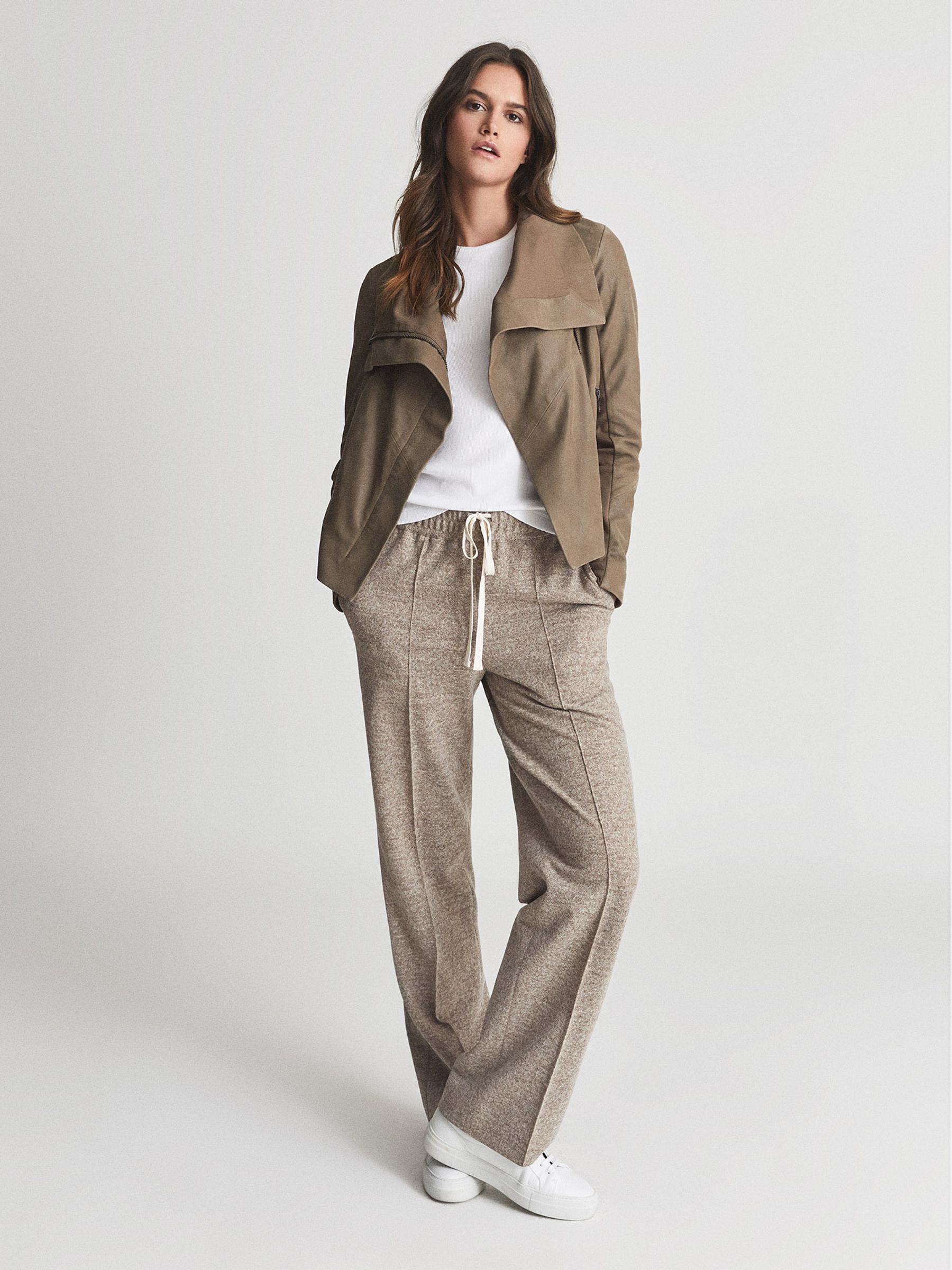 Reiss Suede Leather Funnel Neck Jacket in Stone REISS