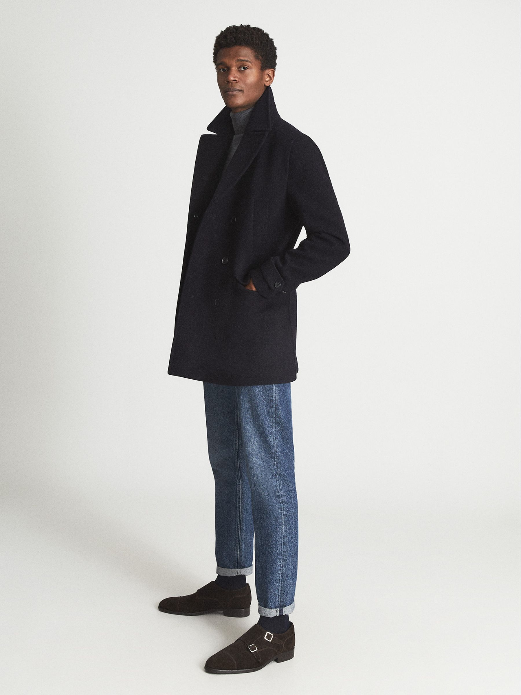 Reiss Double Breasted Wool Blend Peacoat in Navy REISS