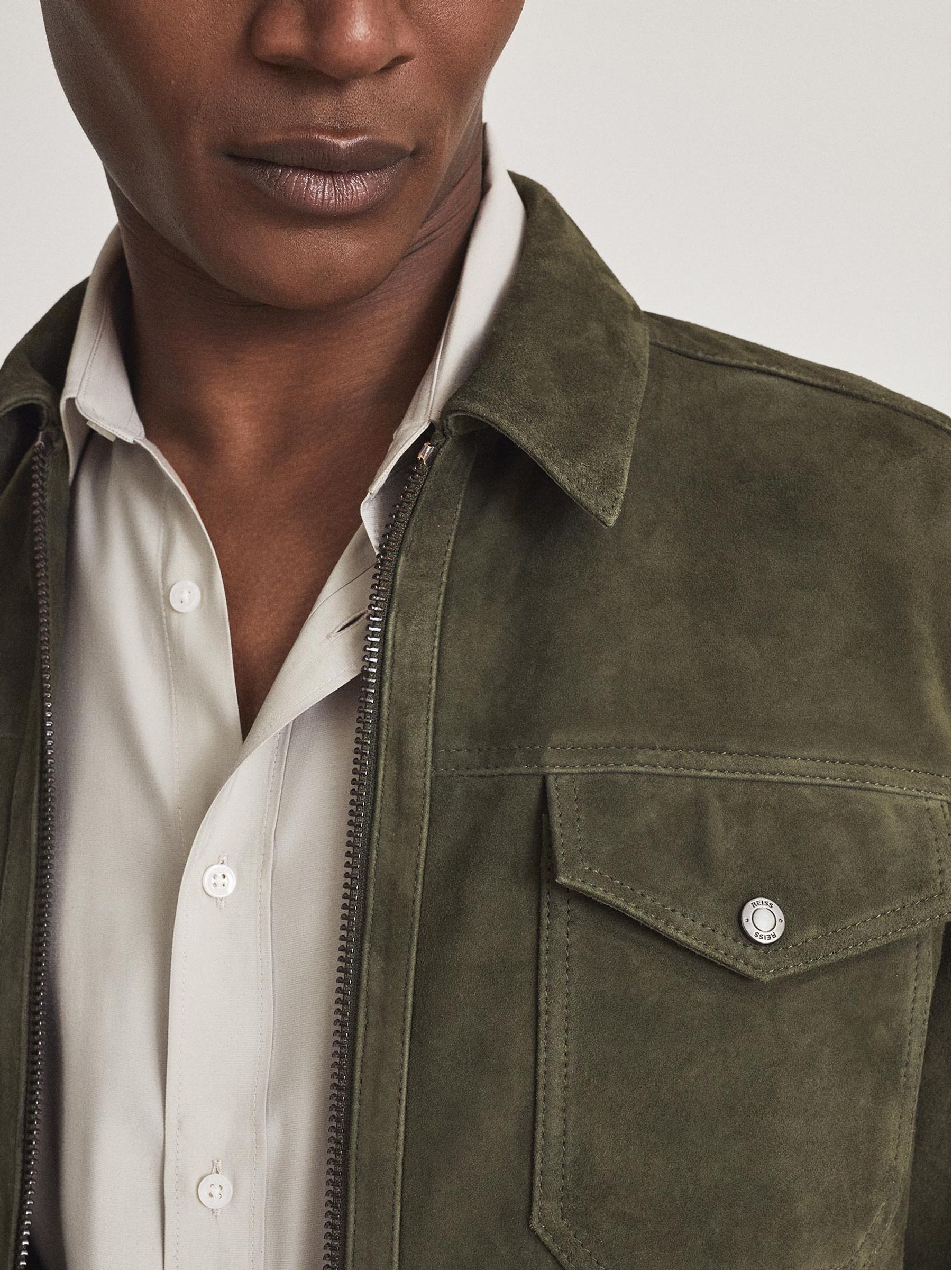 Reiss Suede Zip Through Trucker Jacket in Green REISS
