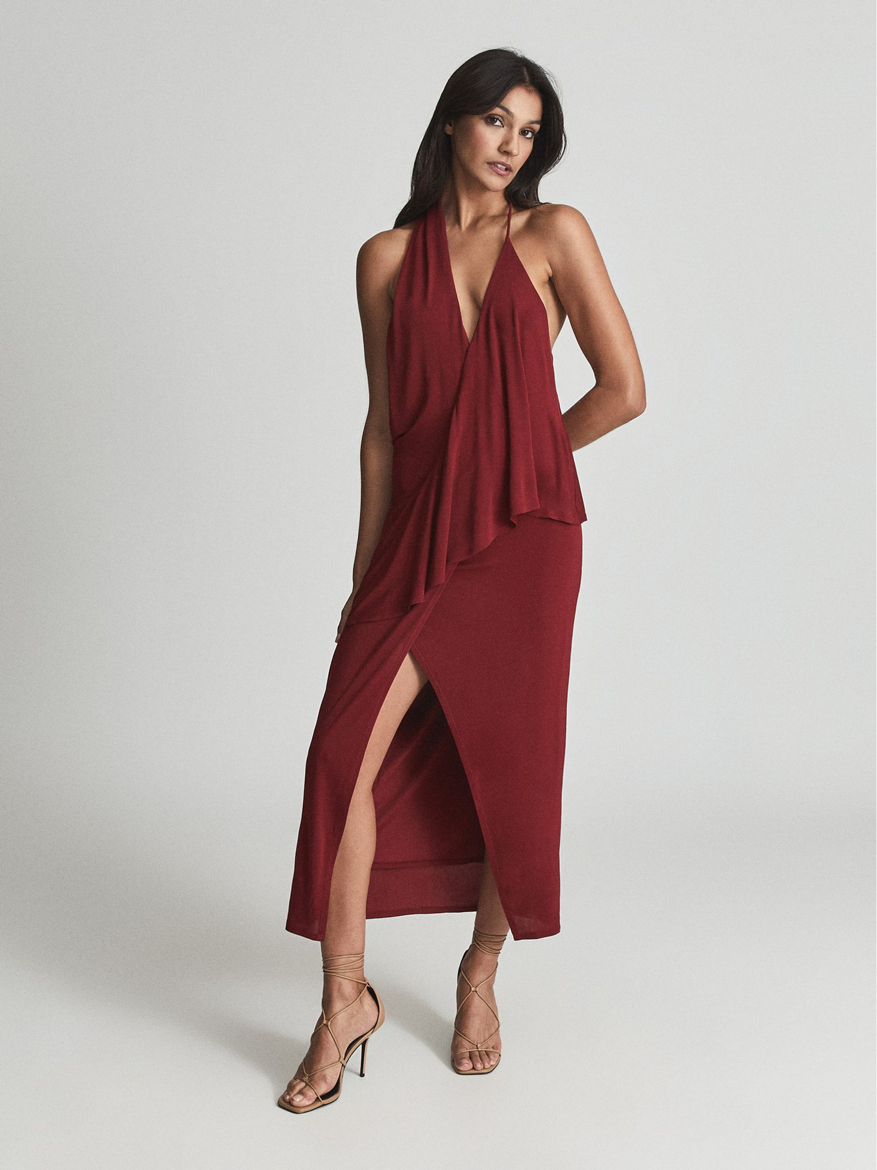 Reiss Strappy Open Back Cocktail Dress in Dark Red REISS