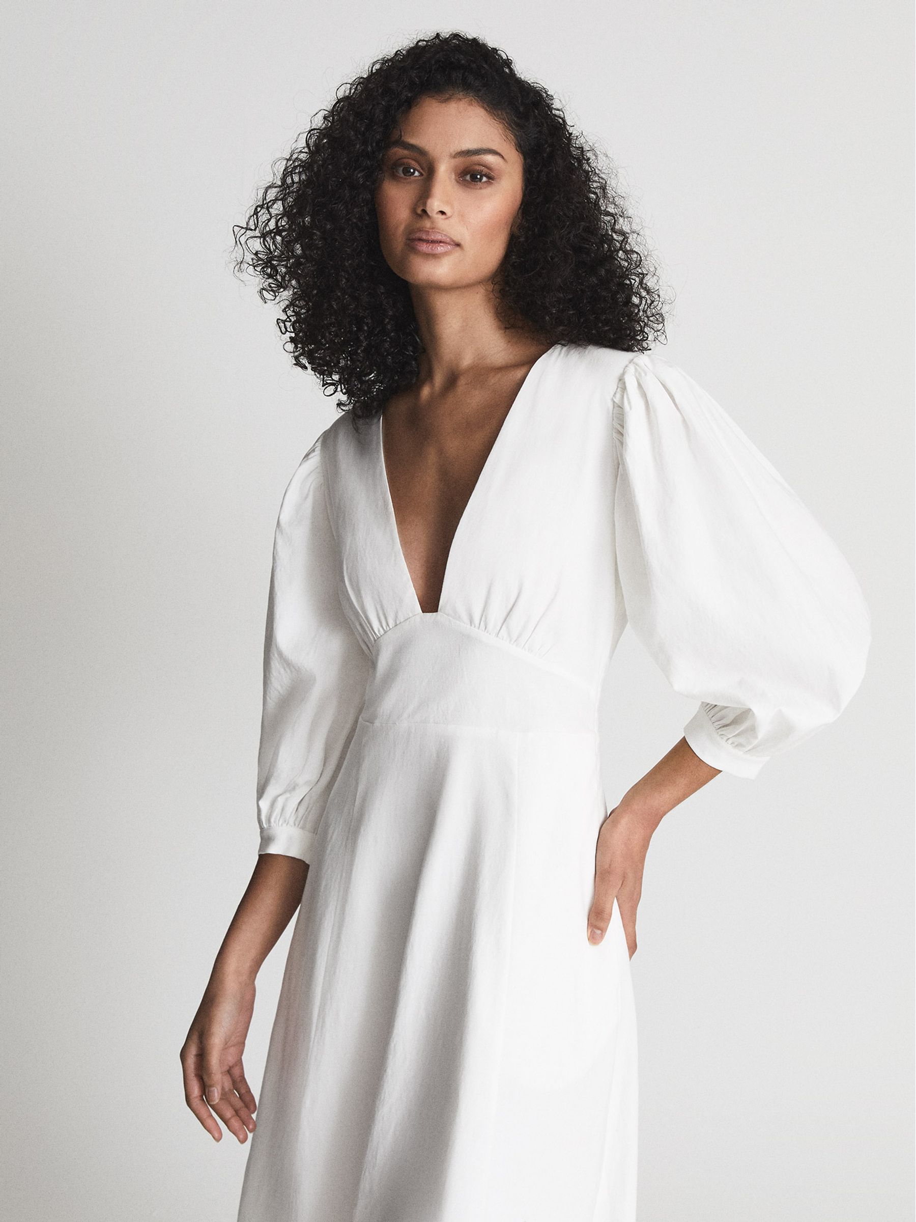 Reiss Puff Sleeve Plunge Midi Dress in White REISS
