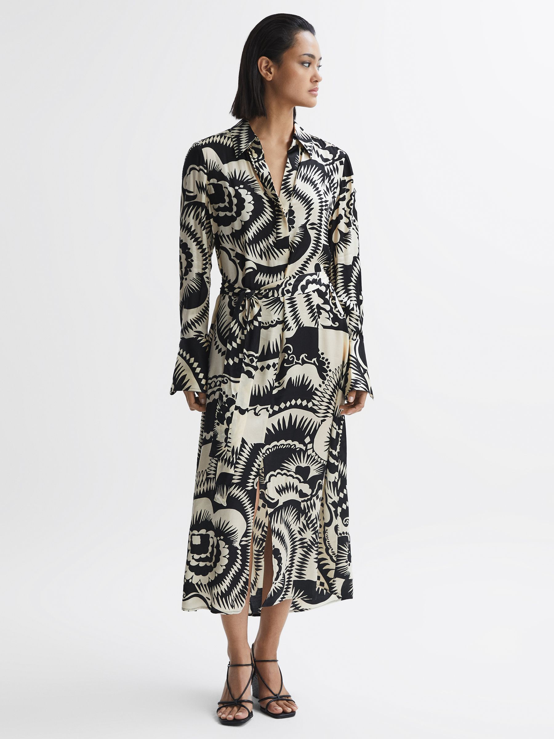 Reiss Printed Long Sleeve Midi Dress in Black White REISS
