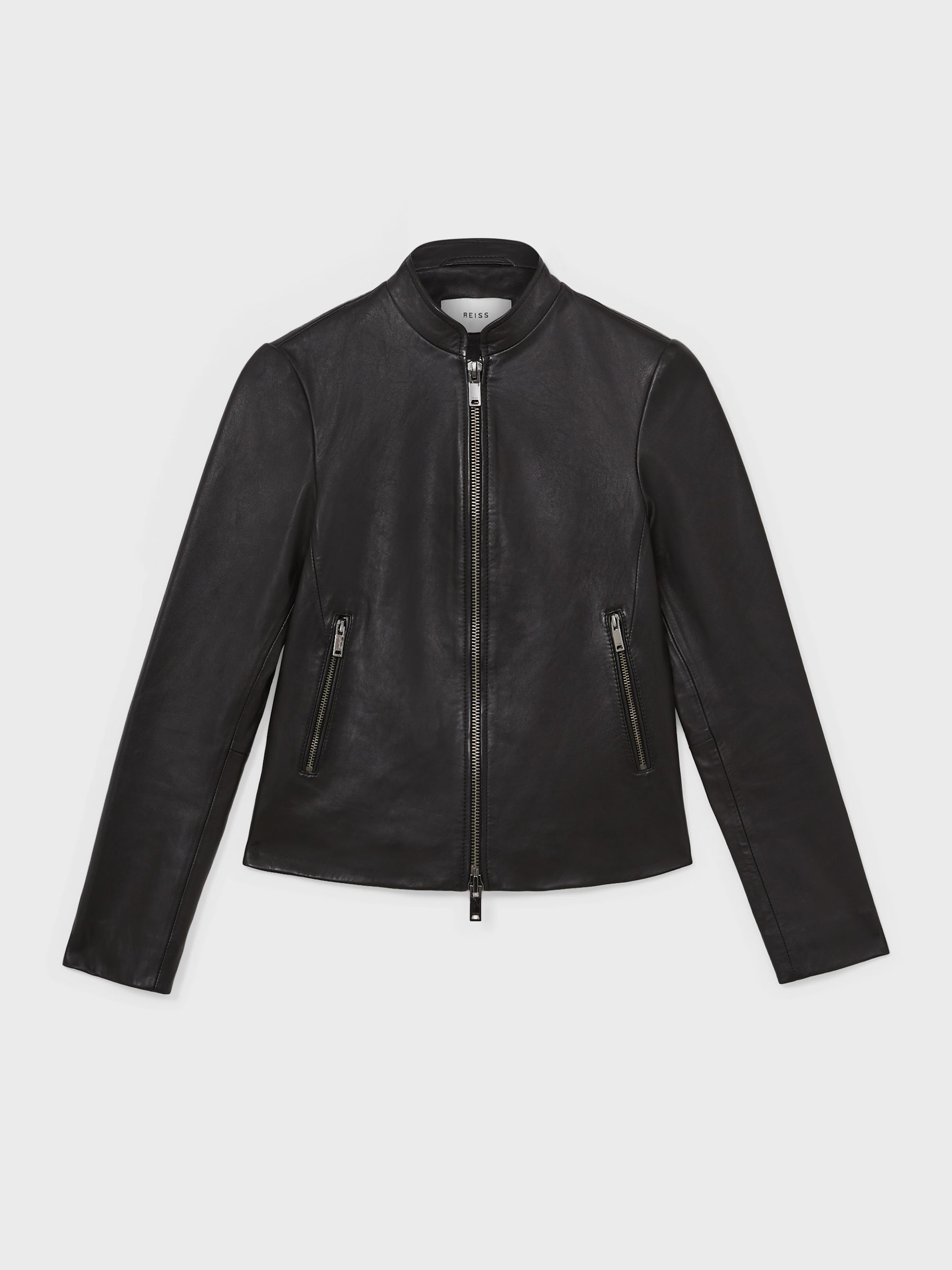Reiss Leather Collarless Biker Jacket in Black REISS
