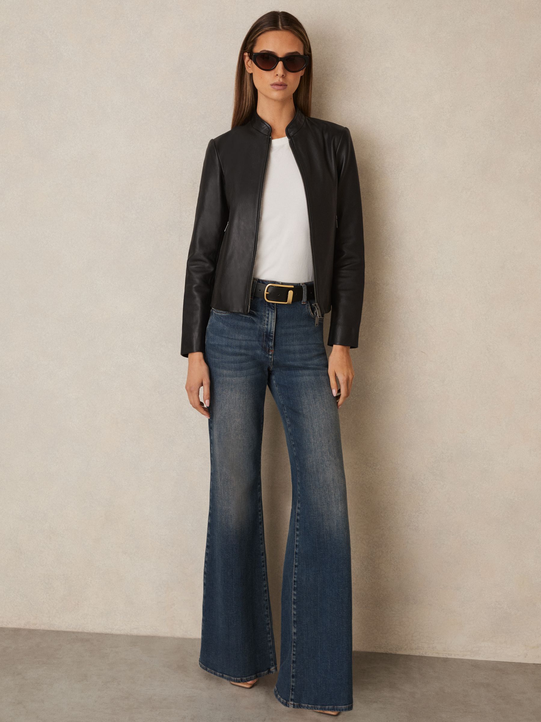 Reiss Leather Collarless Biker Jacket in Black REISS