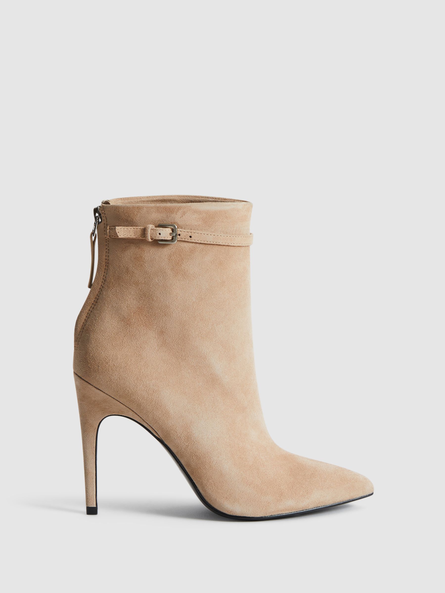 Reiss Suede Heeled Ankle Boots in Biscuit REISS