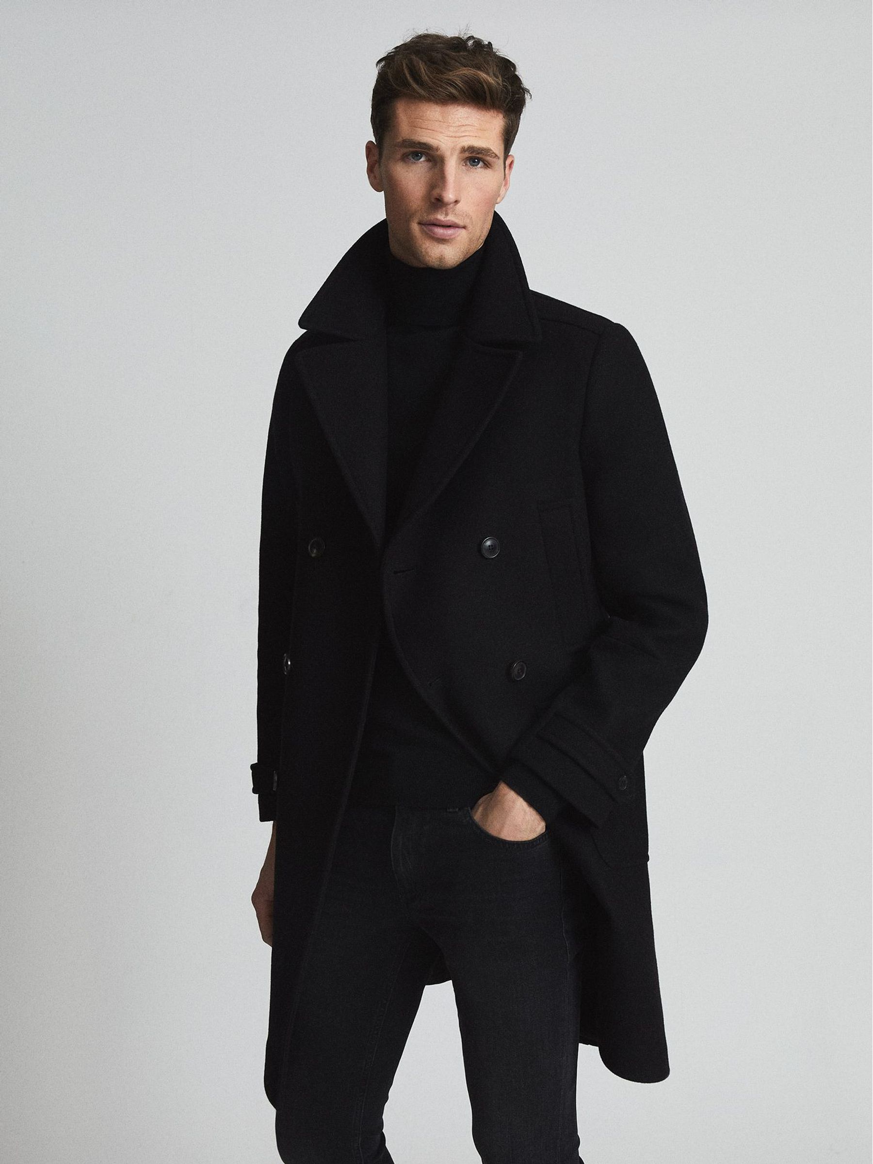 Reiss Wool Blend Twill Overcoat in Black REISS