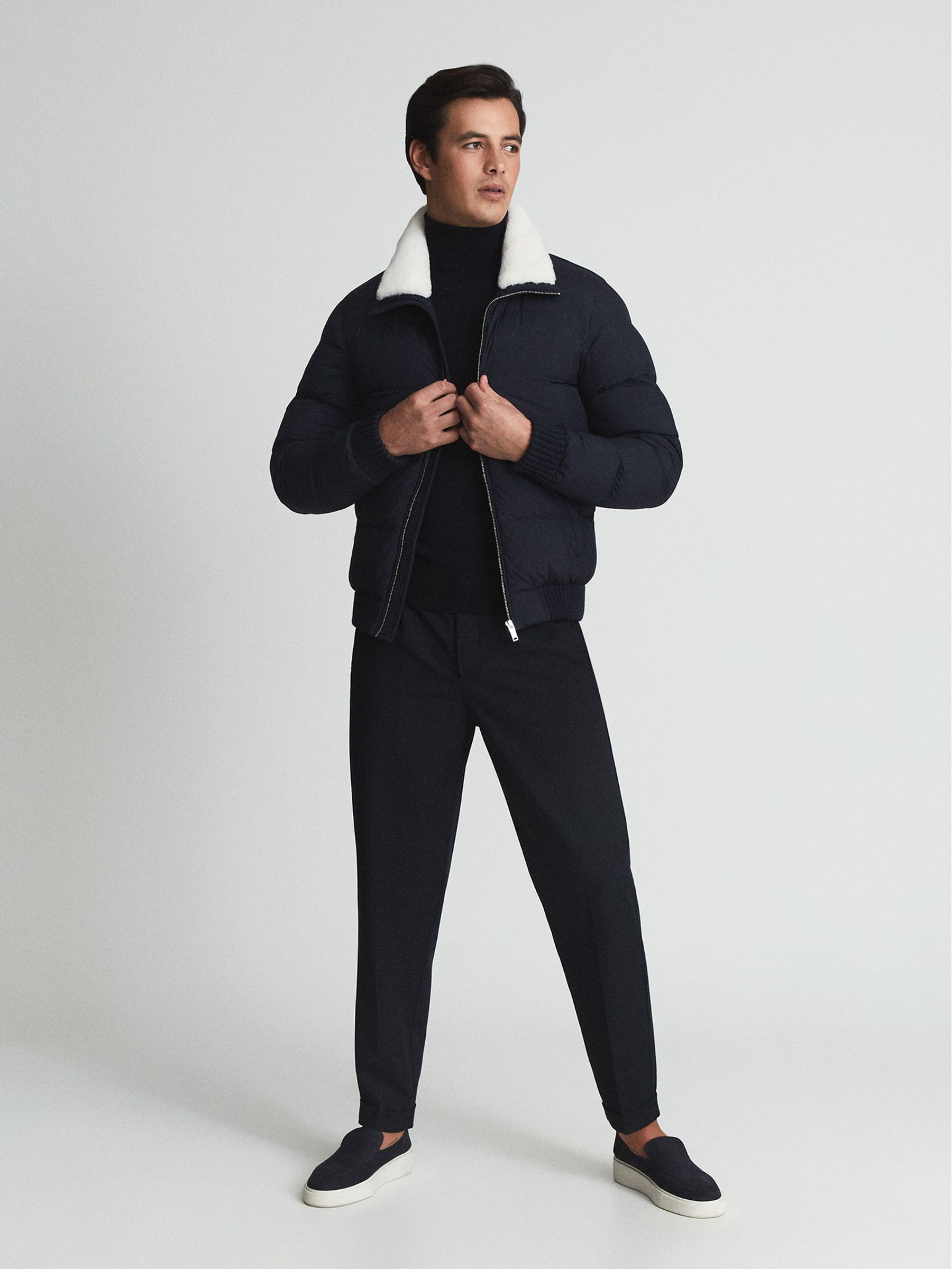 Reiss Faux Fur Trim Puffer Jacket in Navy REISS