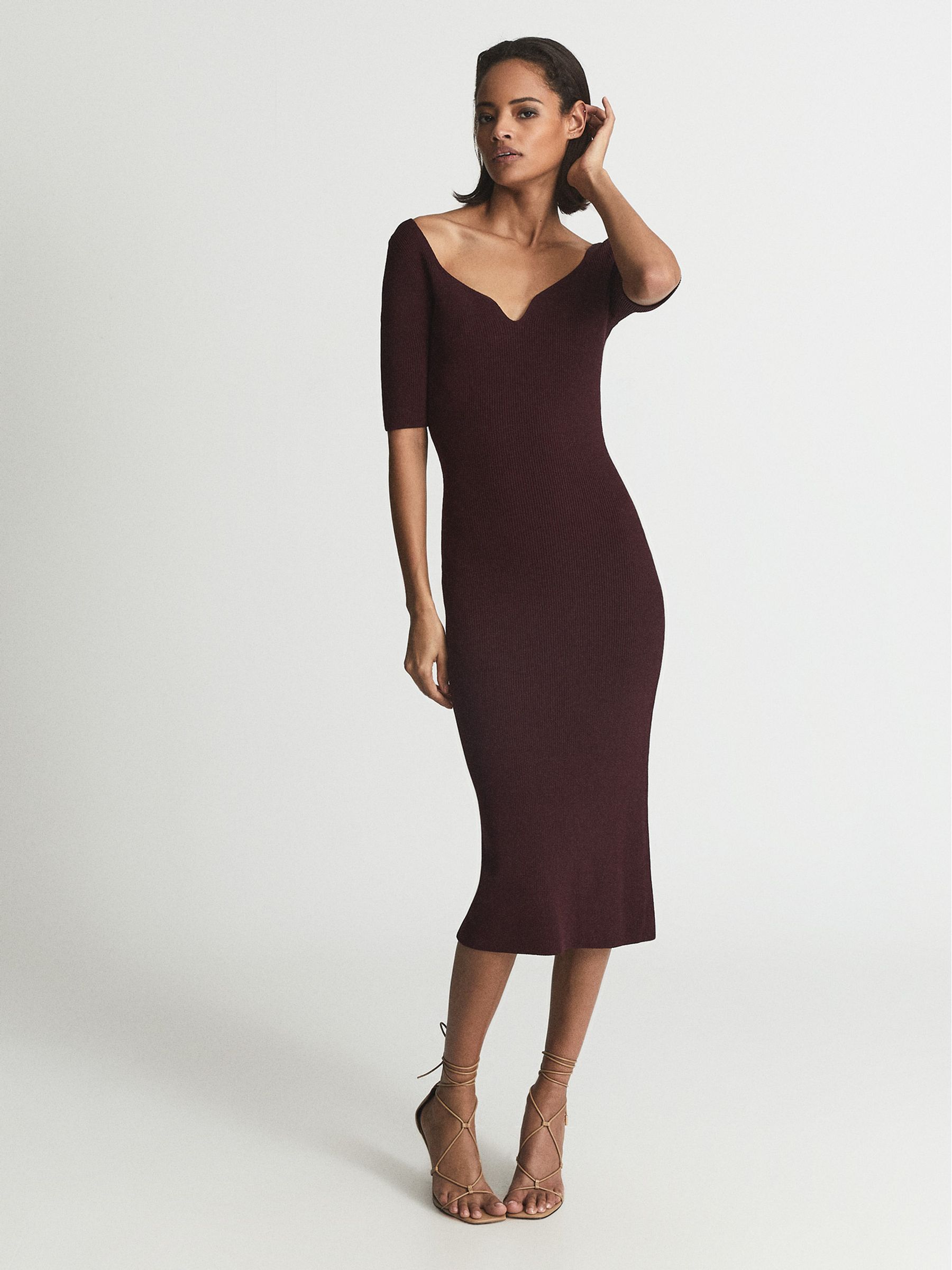Reiss Sweetheart Neck Midi Dress in Burgundy REISS