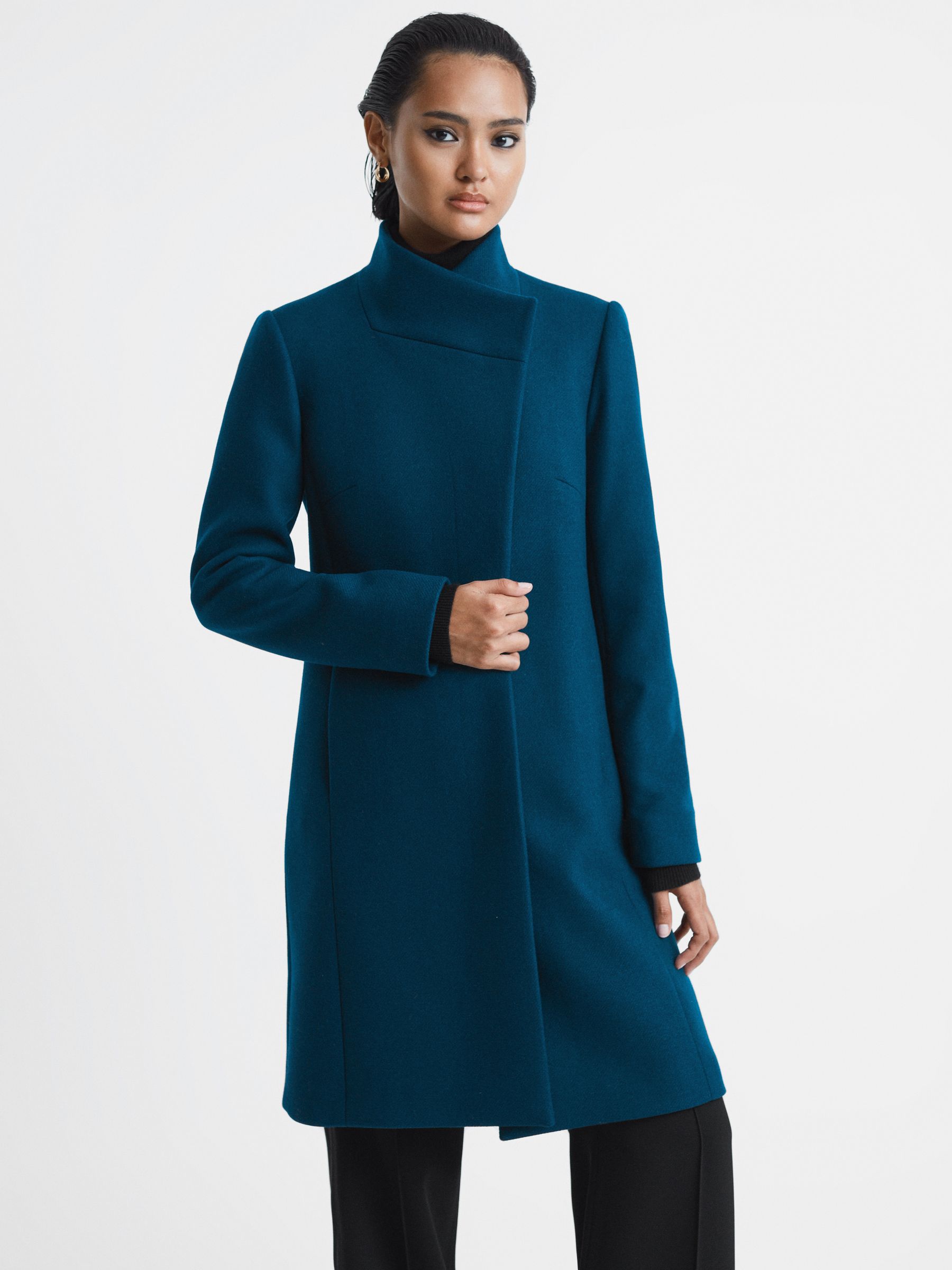 Reiss Wool Blend Mid Length Coat in Teal REISS