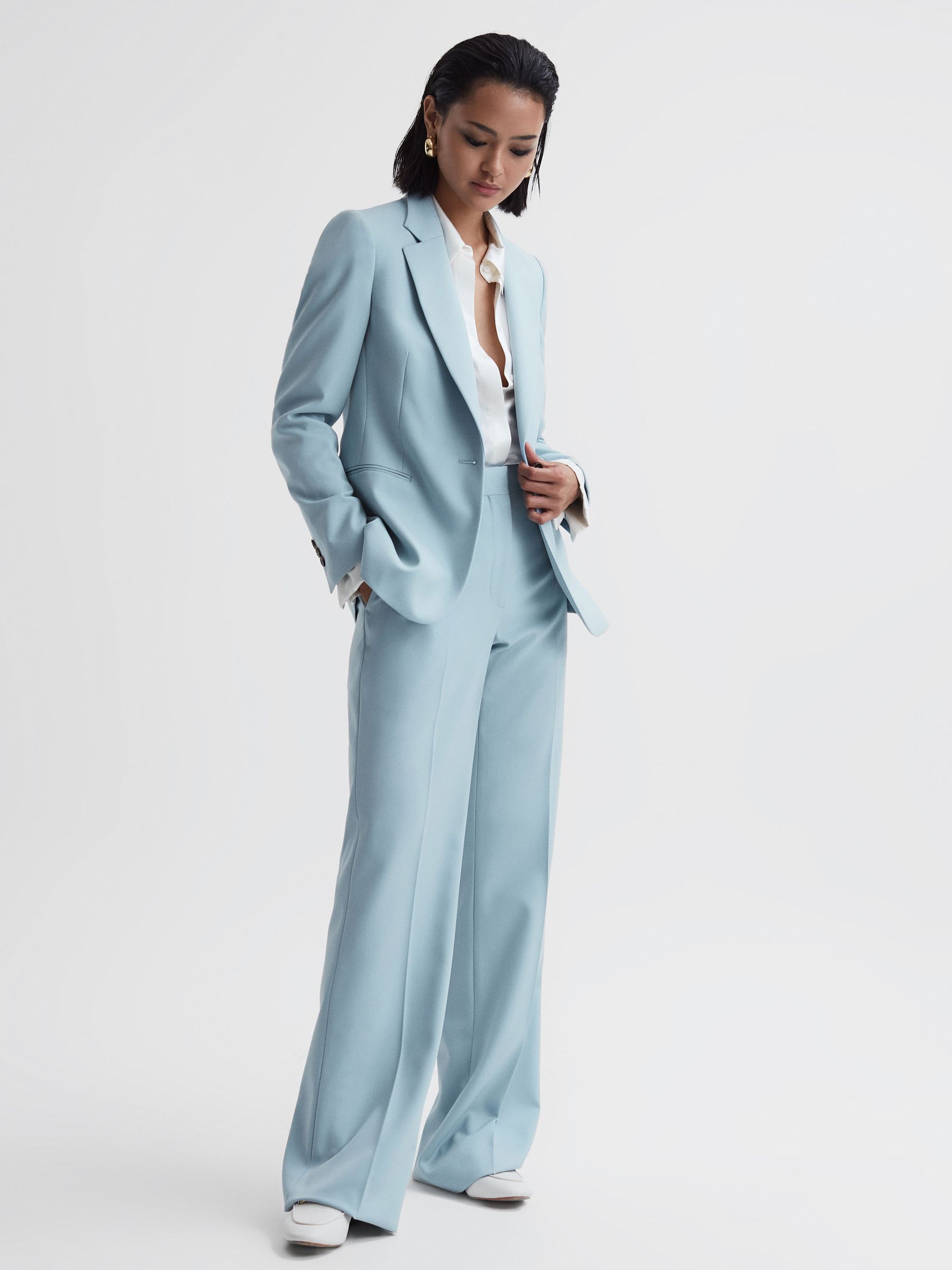 Single Breasted Wool Blend Blazer in Blue