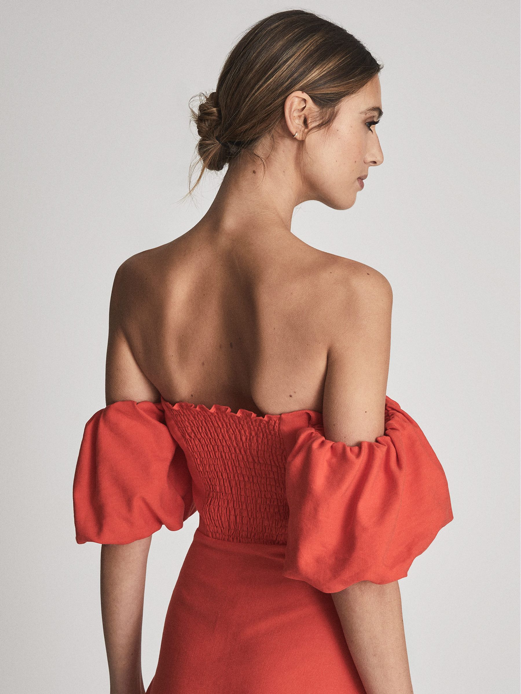 Reiss Puff Sleeve Off Shoulder Midi Dress in Red REISS