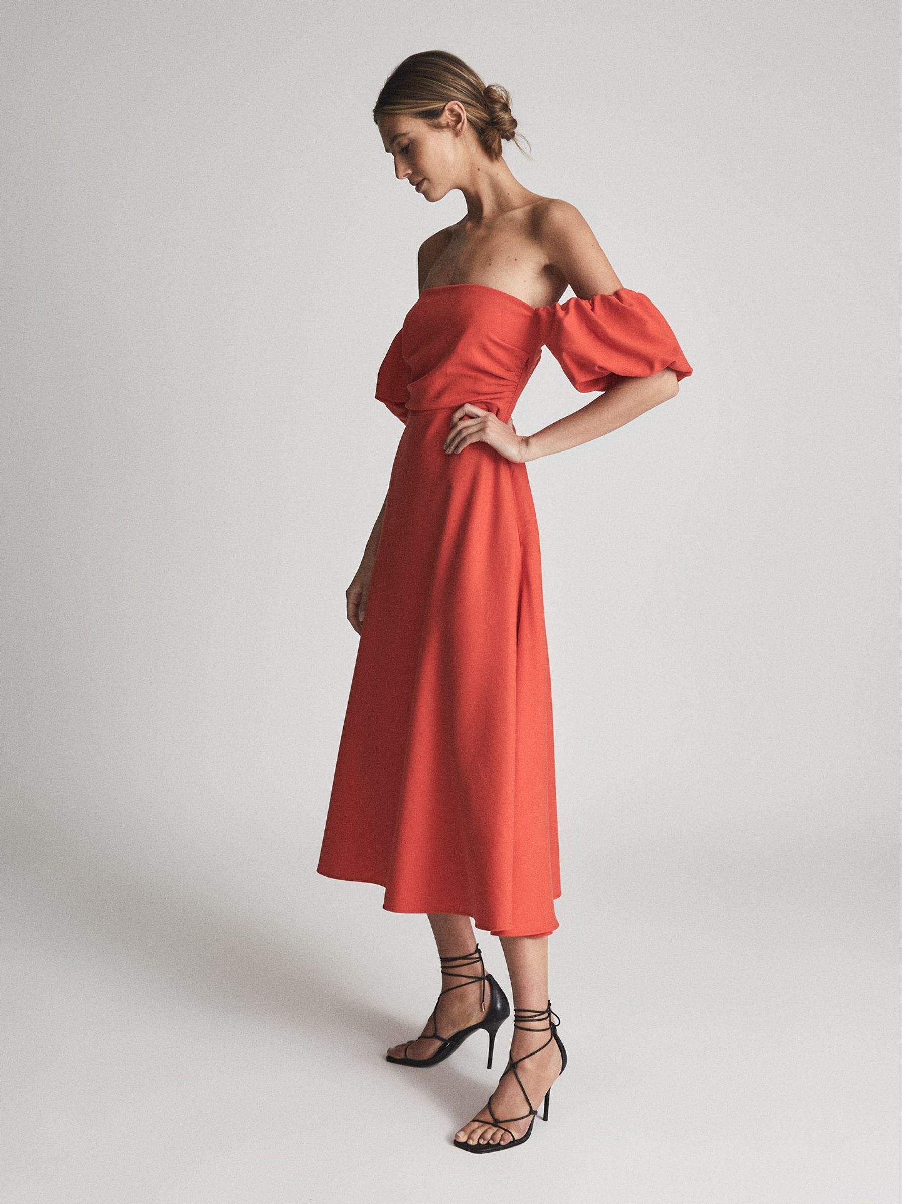 Reiss Puff Sleeve Off Shoulder Midi Dress in Red REISS