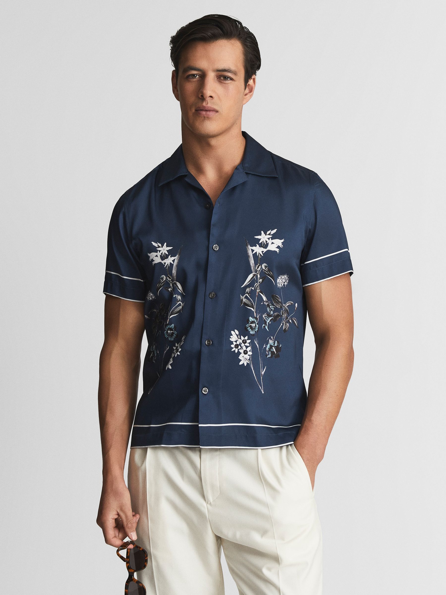 Cuban Collar Floral Shirt in Steel Blue