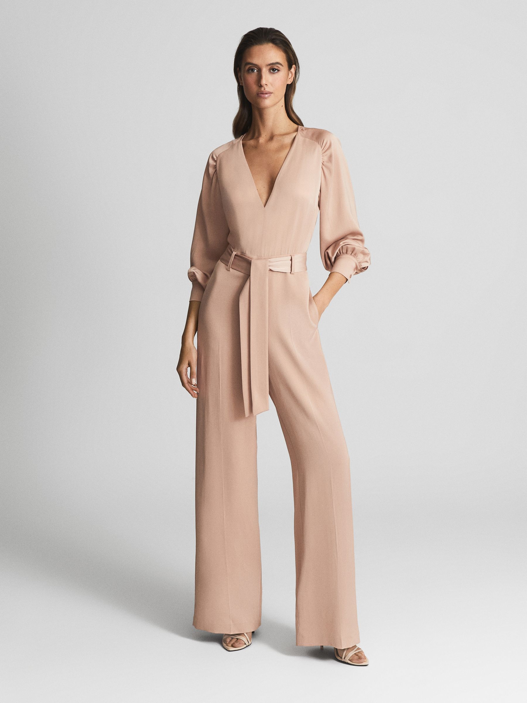 Reiss Long Sleeve Wide Leg Jumpsuit in Pink REISS