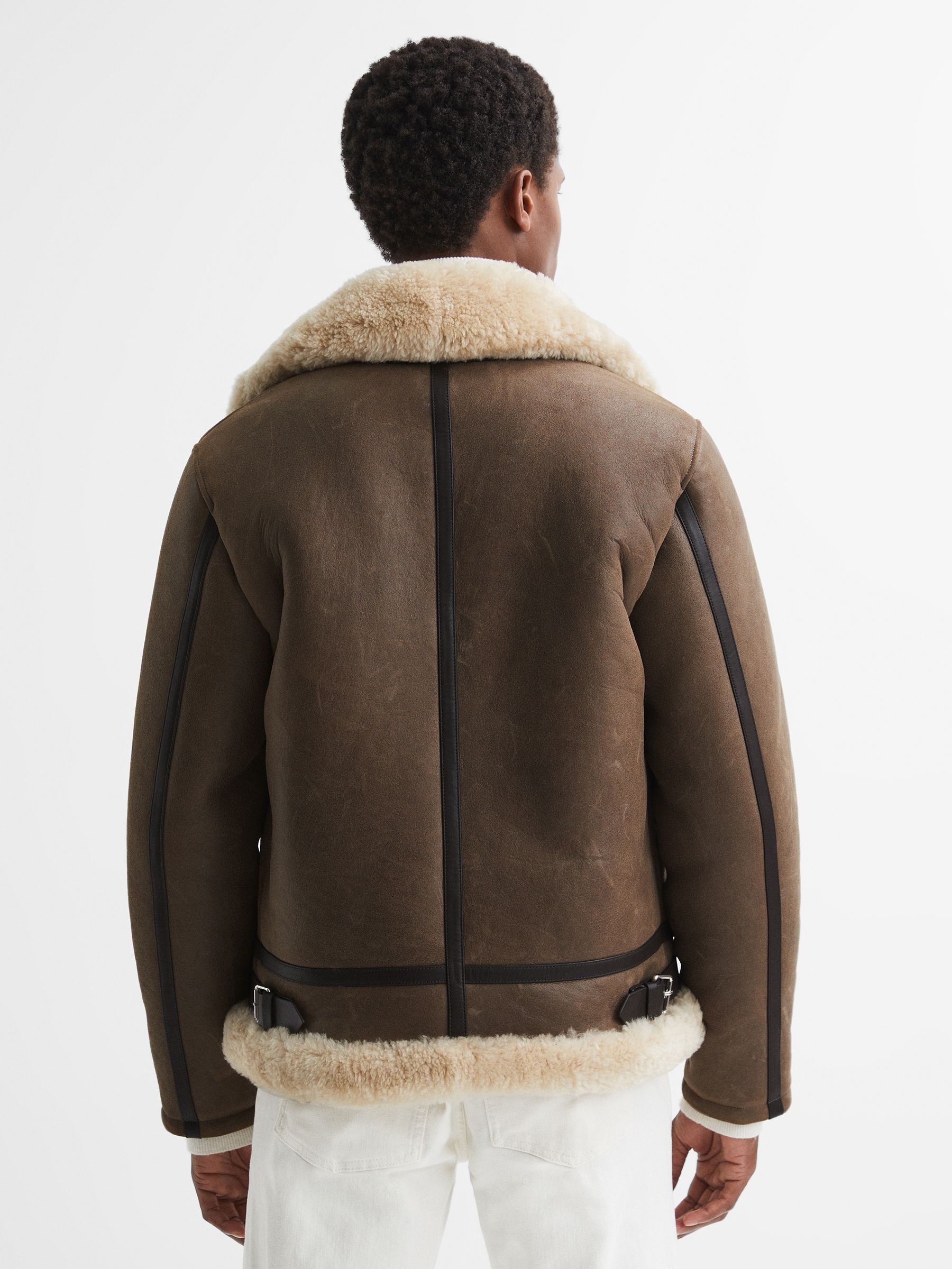 Reiss Shearling Double Buckle Jacket in Brown REISS