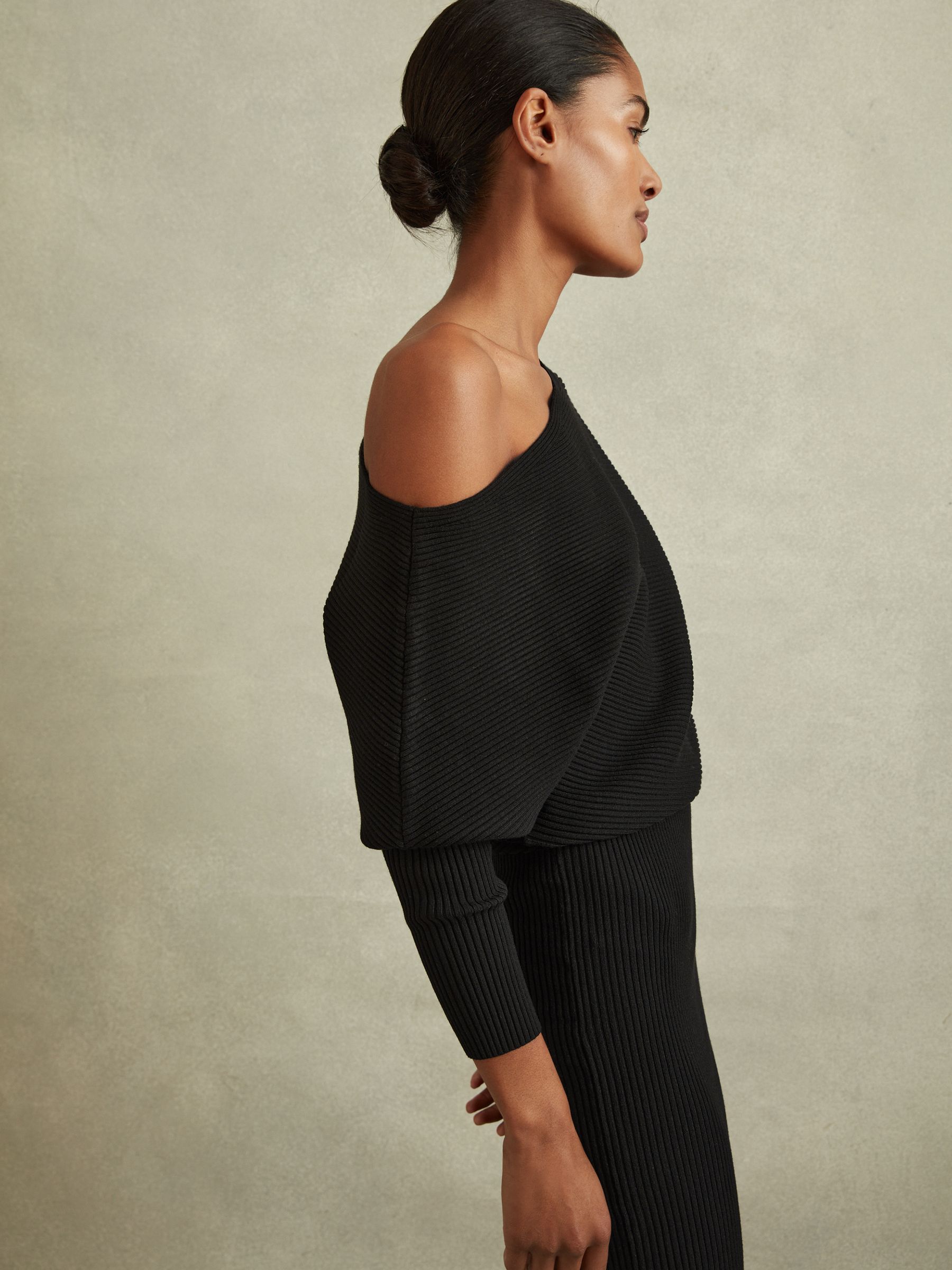 Off shoulder ribbed midi dress sales