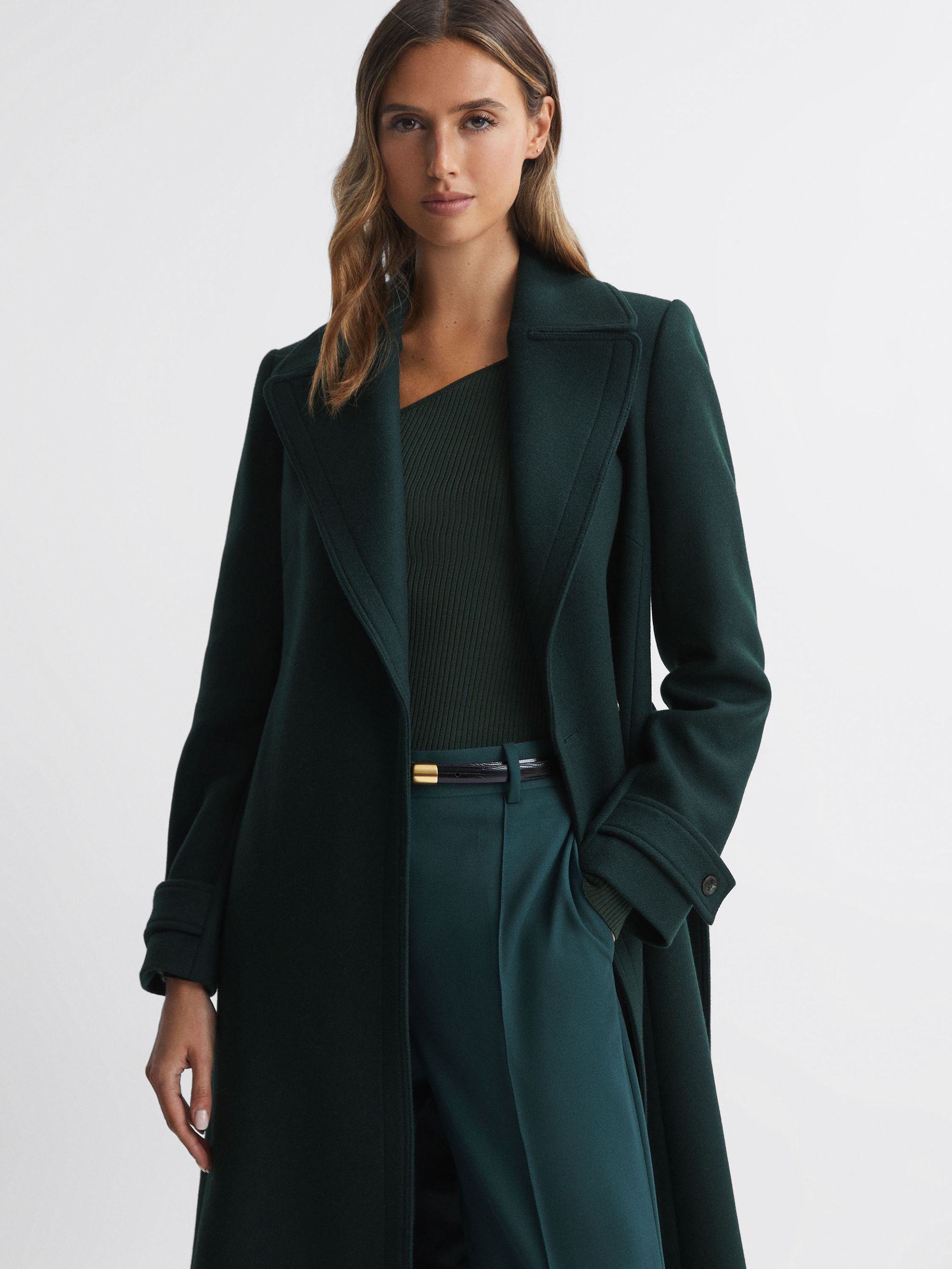 Reiss Relaxed Wool Blend Belted Coat in Green REISS