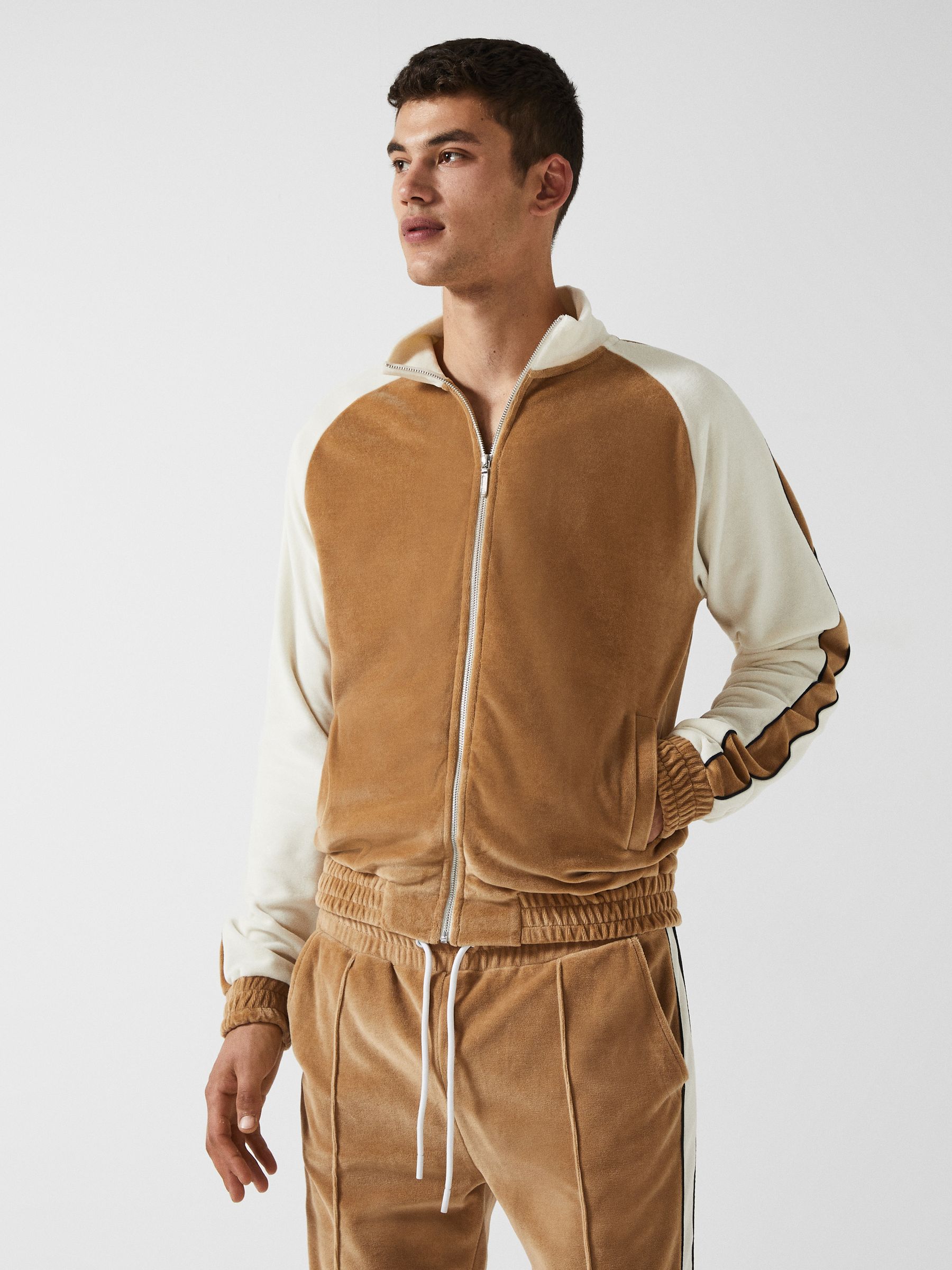 Reiss Velour Contrast Panel Zip Through Jacket in Camel REISS