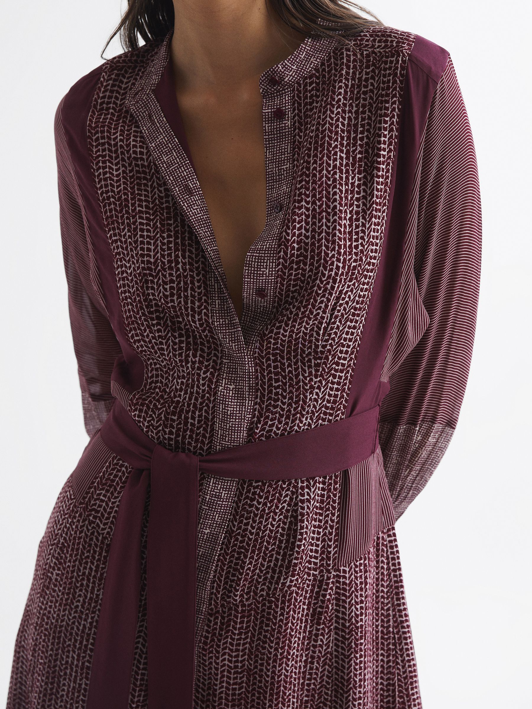 Mixed Print Midi Dress in Burgundy
