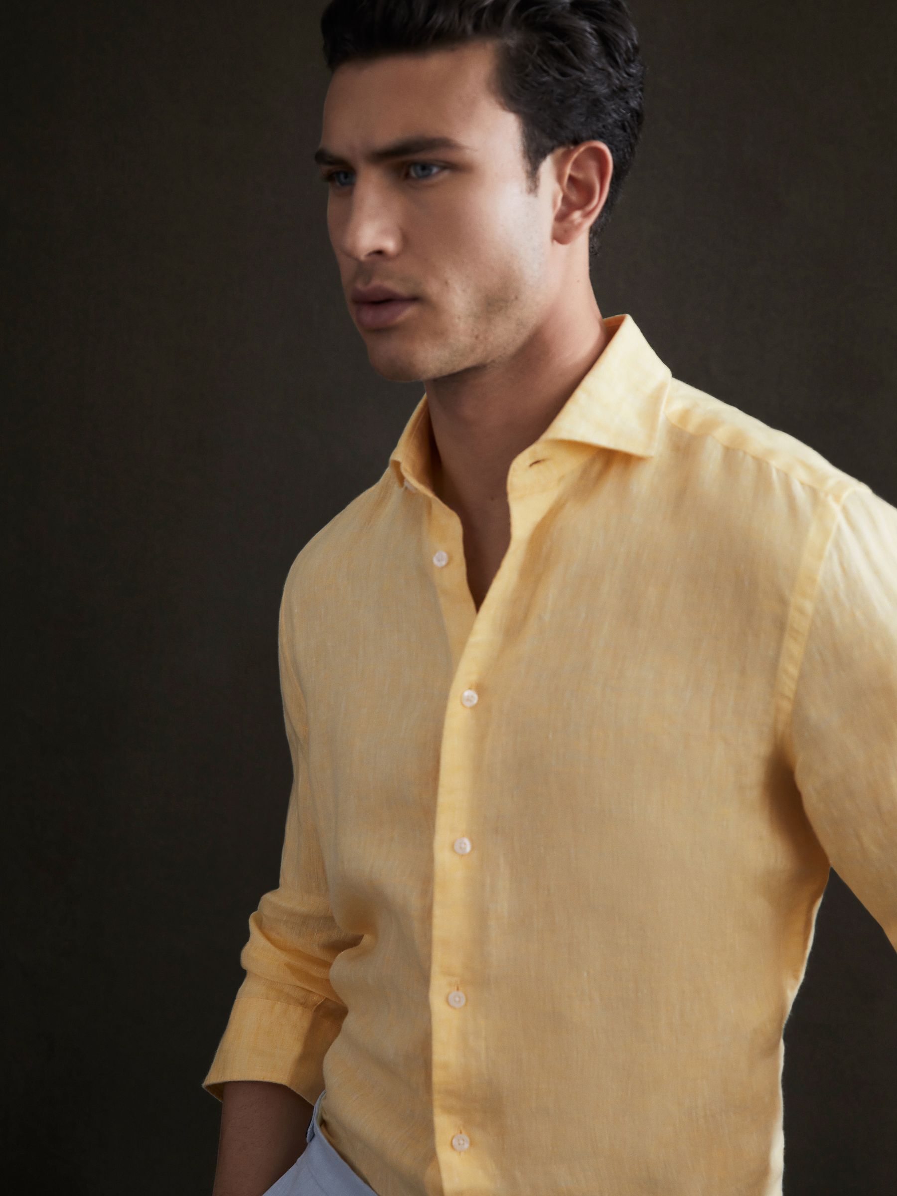 Reiss Linen Button Through Shirt in Lemon REISS