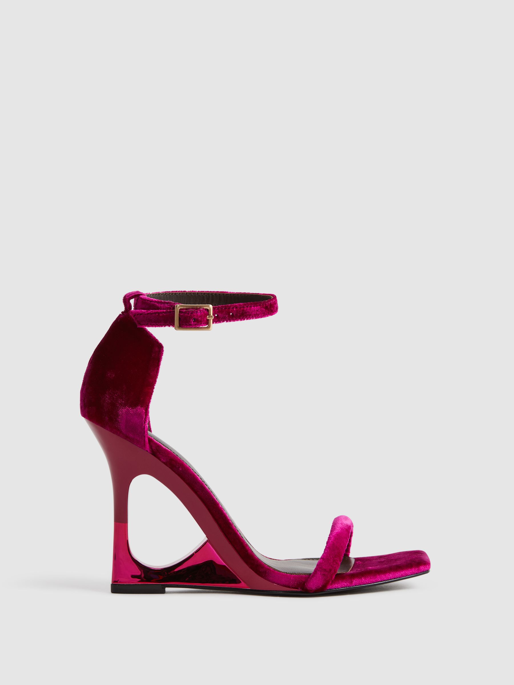 Reiss Velvet Strappy Wedge Heels in Pink REISS