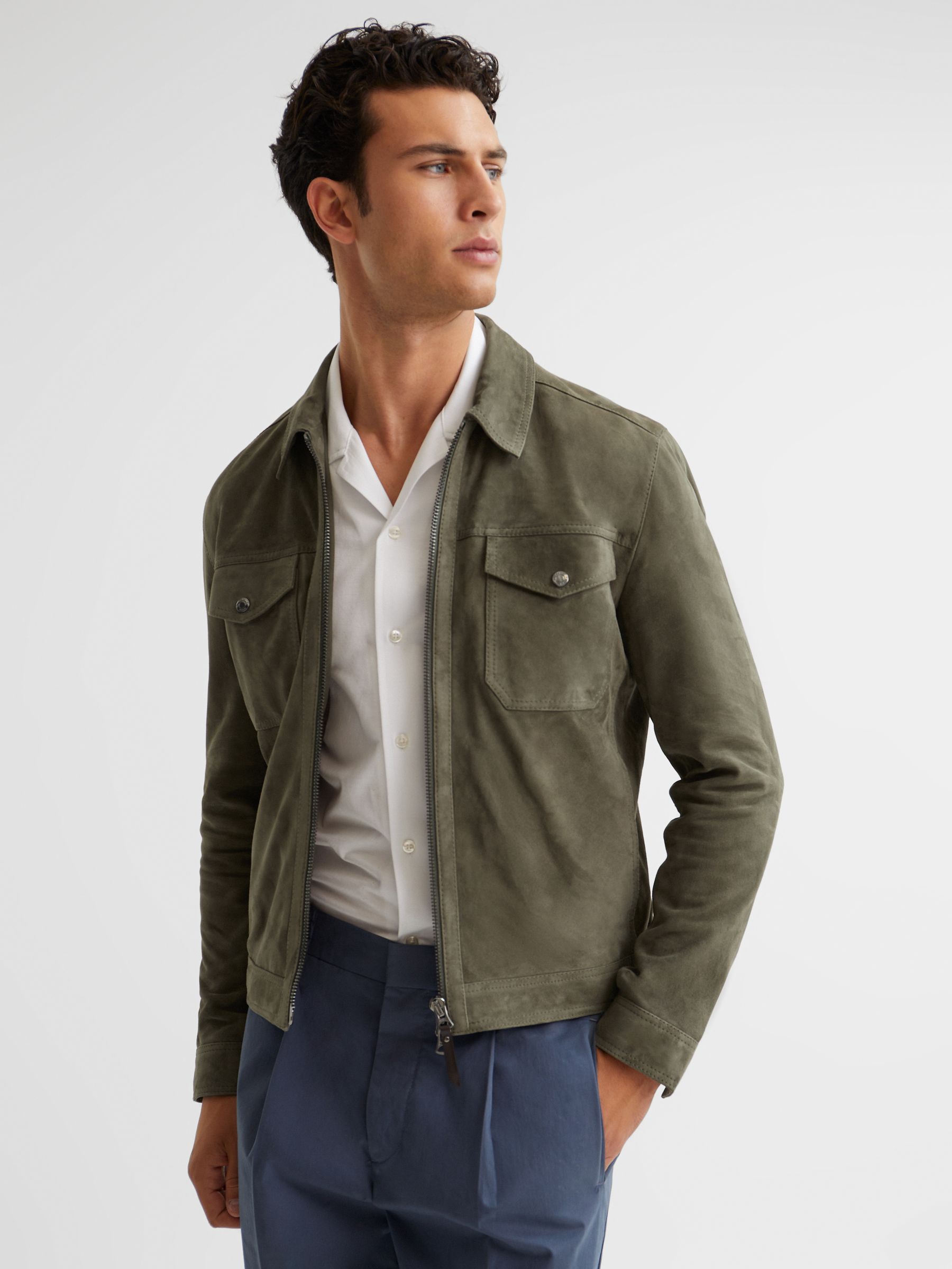 Reiss Suede Zip Through Trucker Jacket in Sage REISS