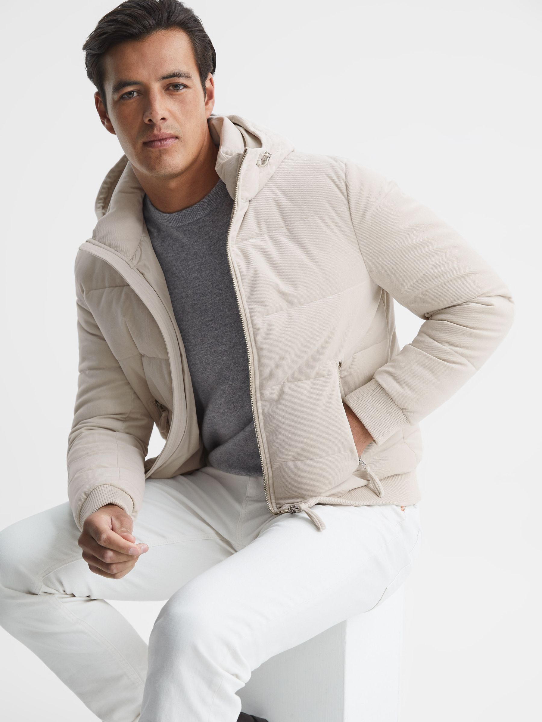 Reiss Hooded Corduroy Short Puffer Jacket in Oatmeal REISS