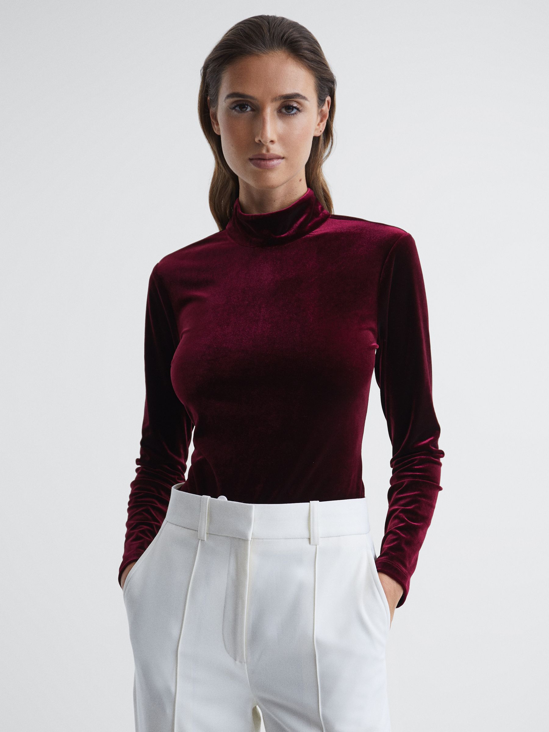 Reiss Velvet Funnel Neck Jersey Top in Burgundy REISS