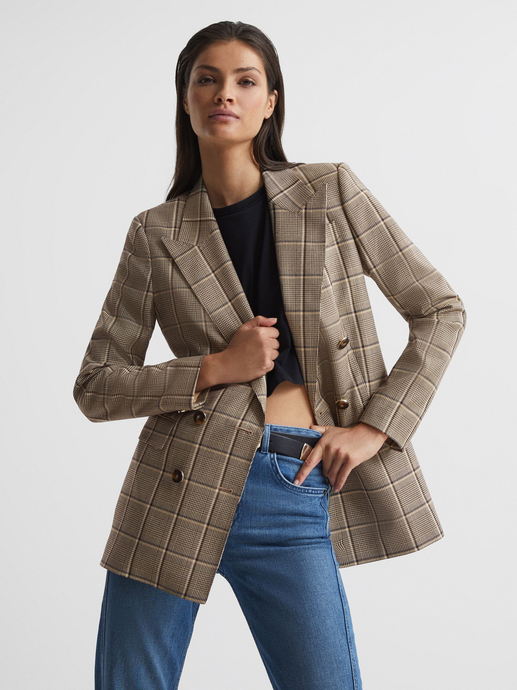 Reiss Double Breasted Check Blazer in Brown REISS