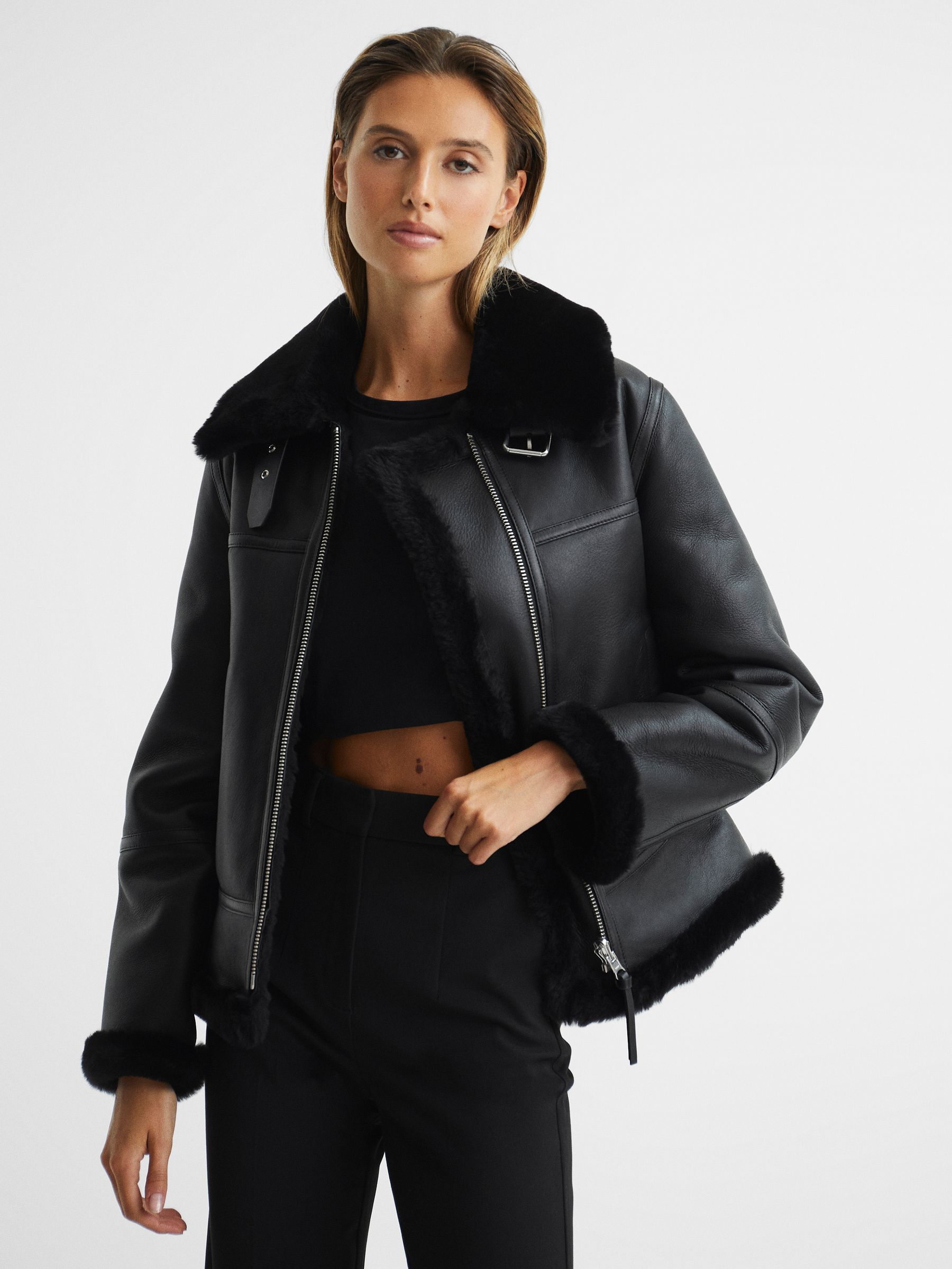 Reiss Reversible Sheepskin Aviator in Black REISS