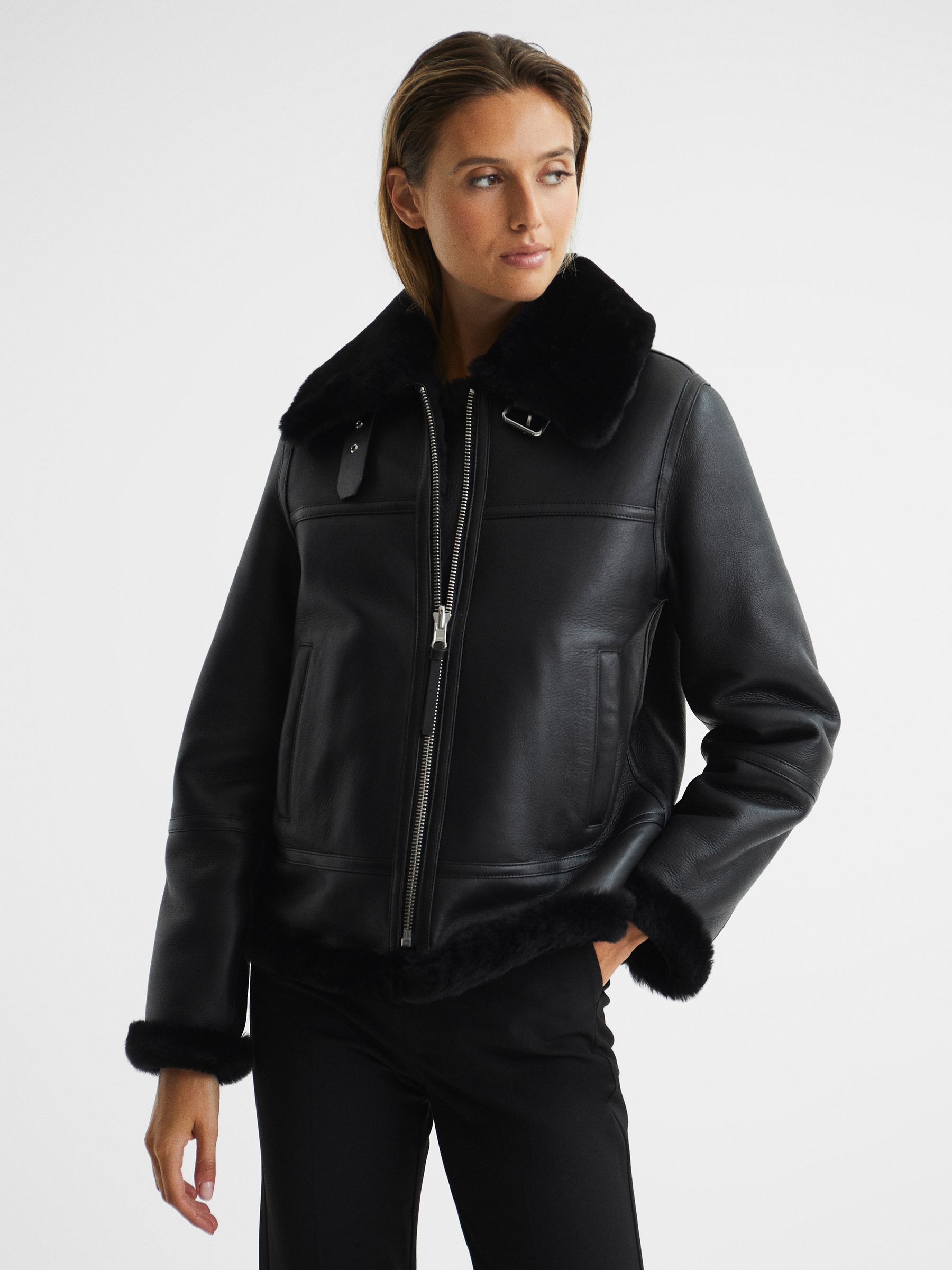 Reiss Reversible Sheepskin Aviator in Black REISS