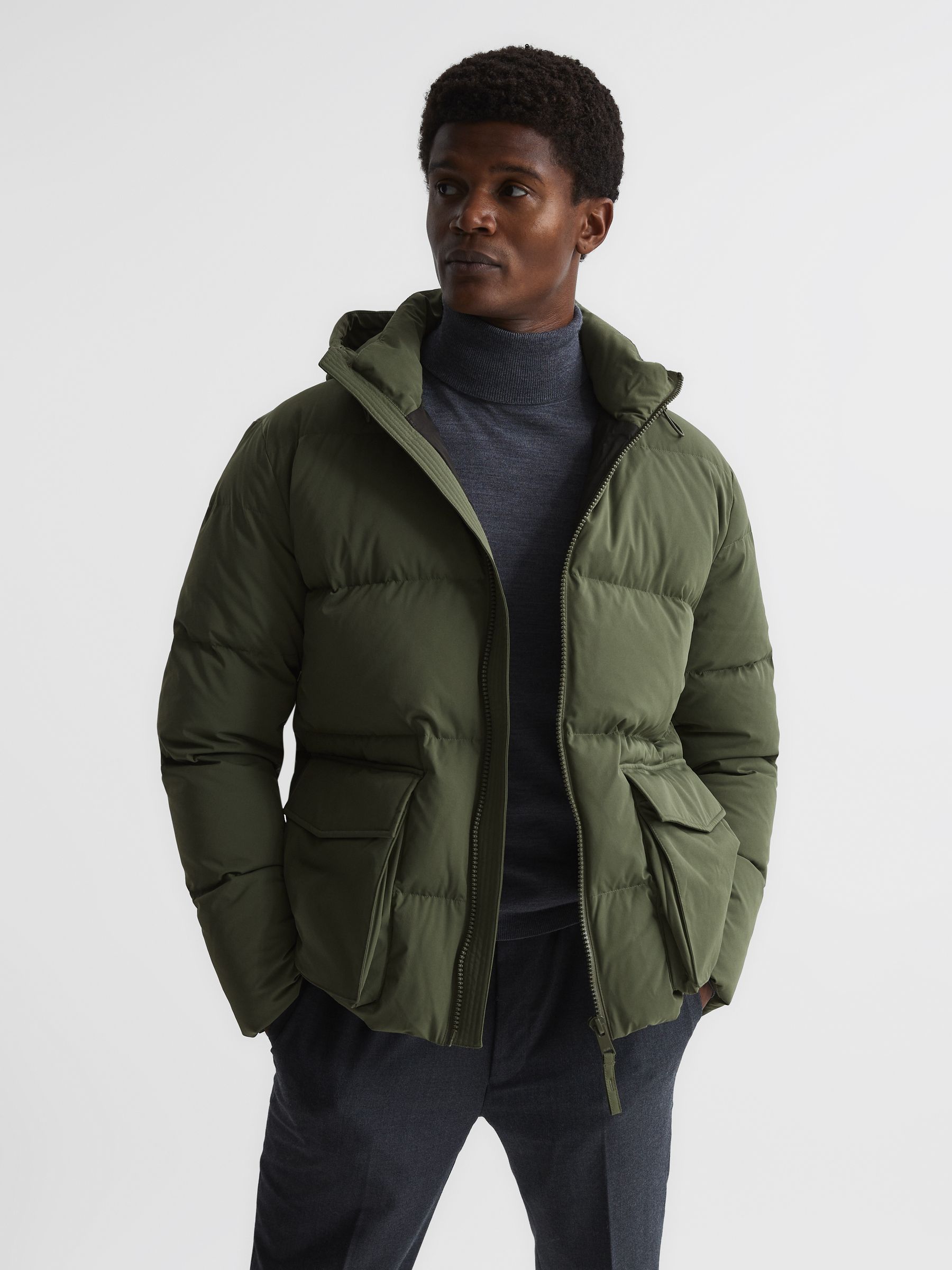 Reiss Short Puffer Jacket in Khaki REISS