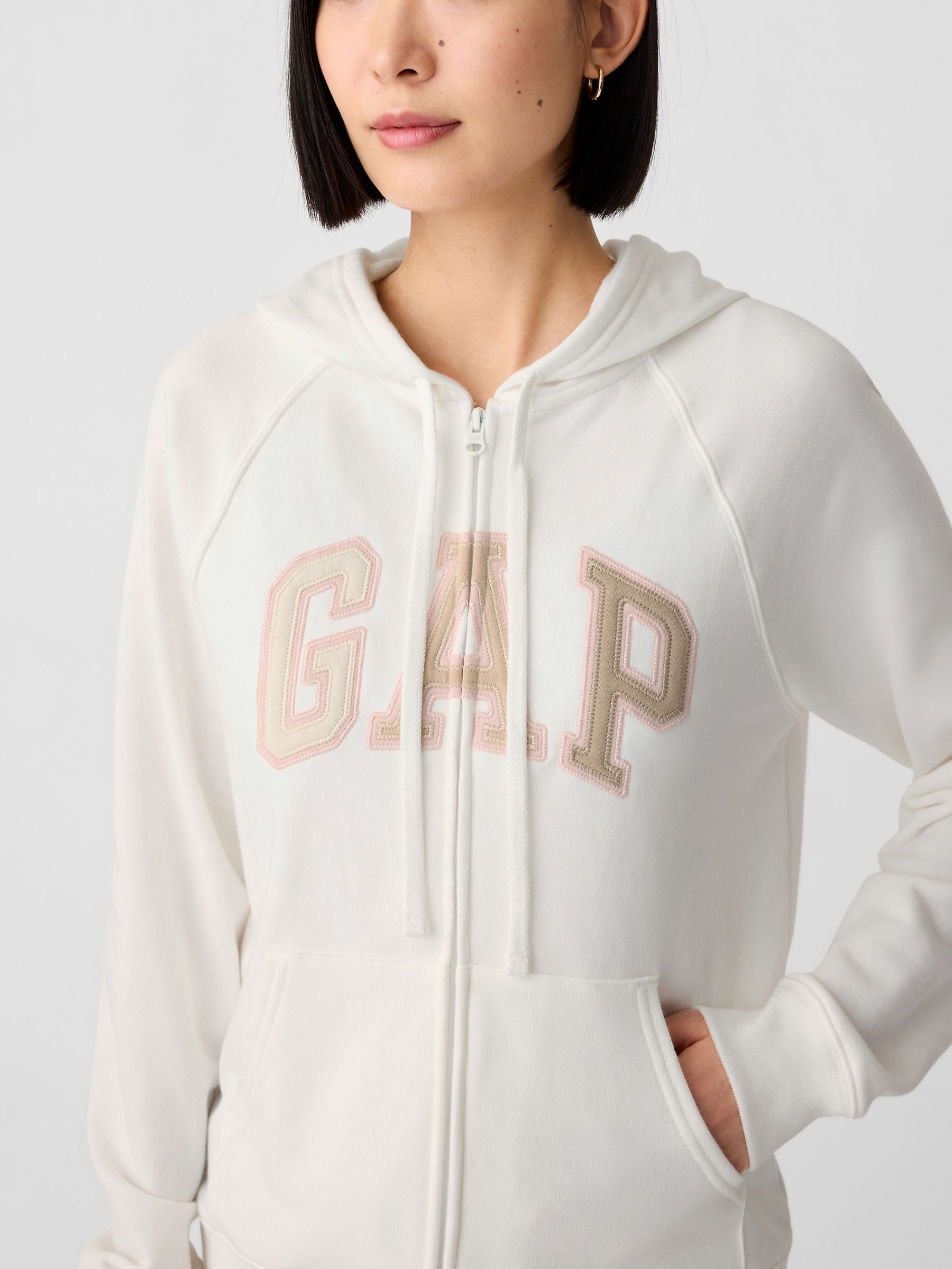 White Relaxed Logo Zip Hoodie