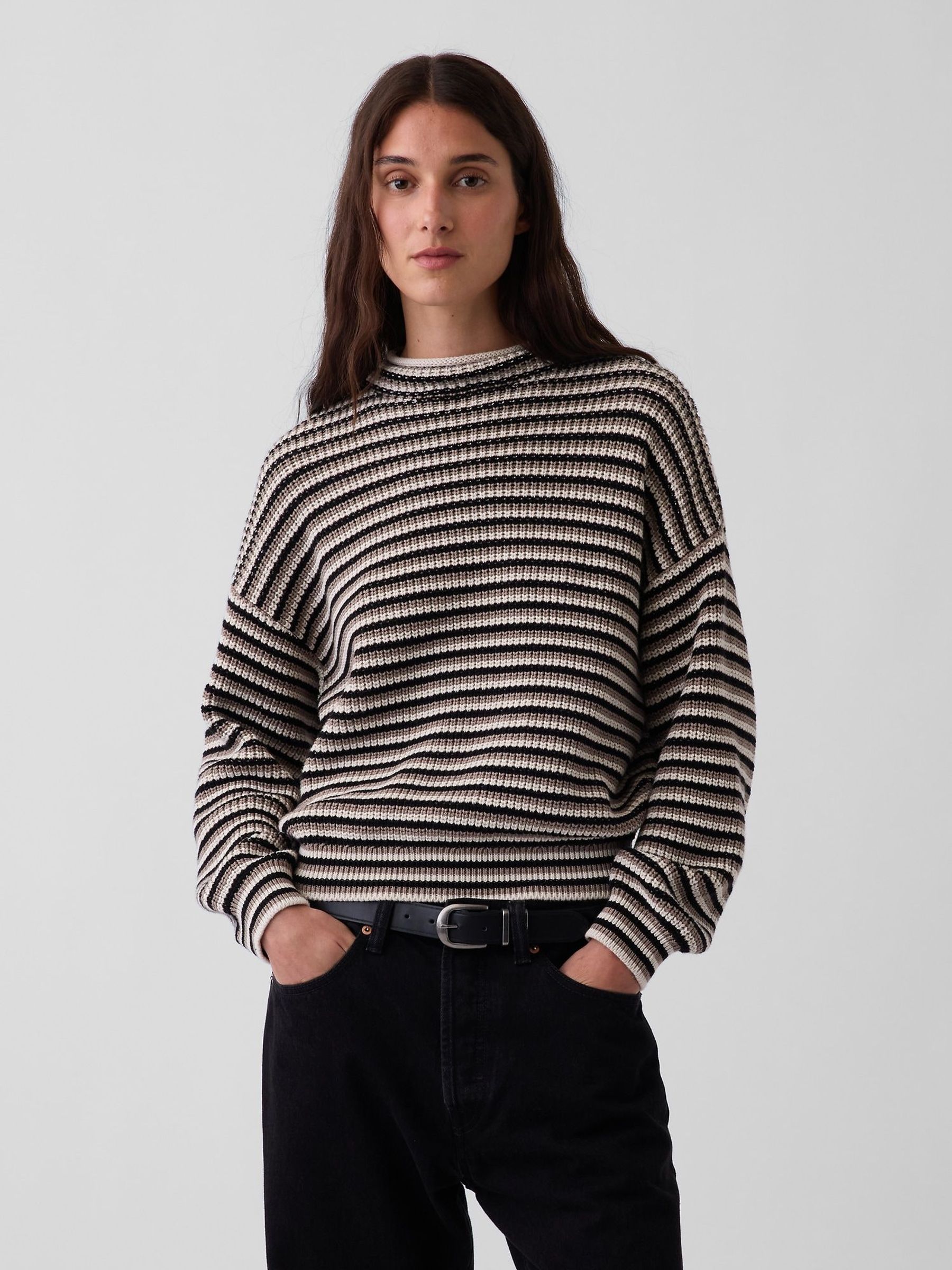Black & Brown Stripe - Oversized Rolled Neck Jumper