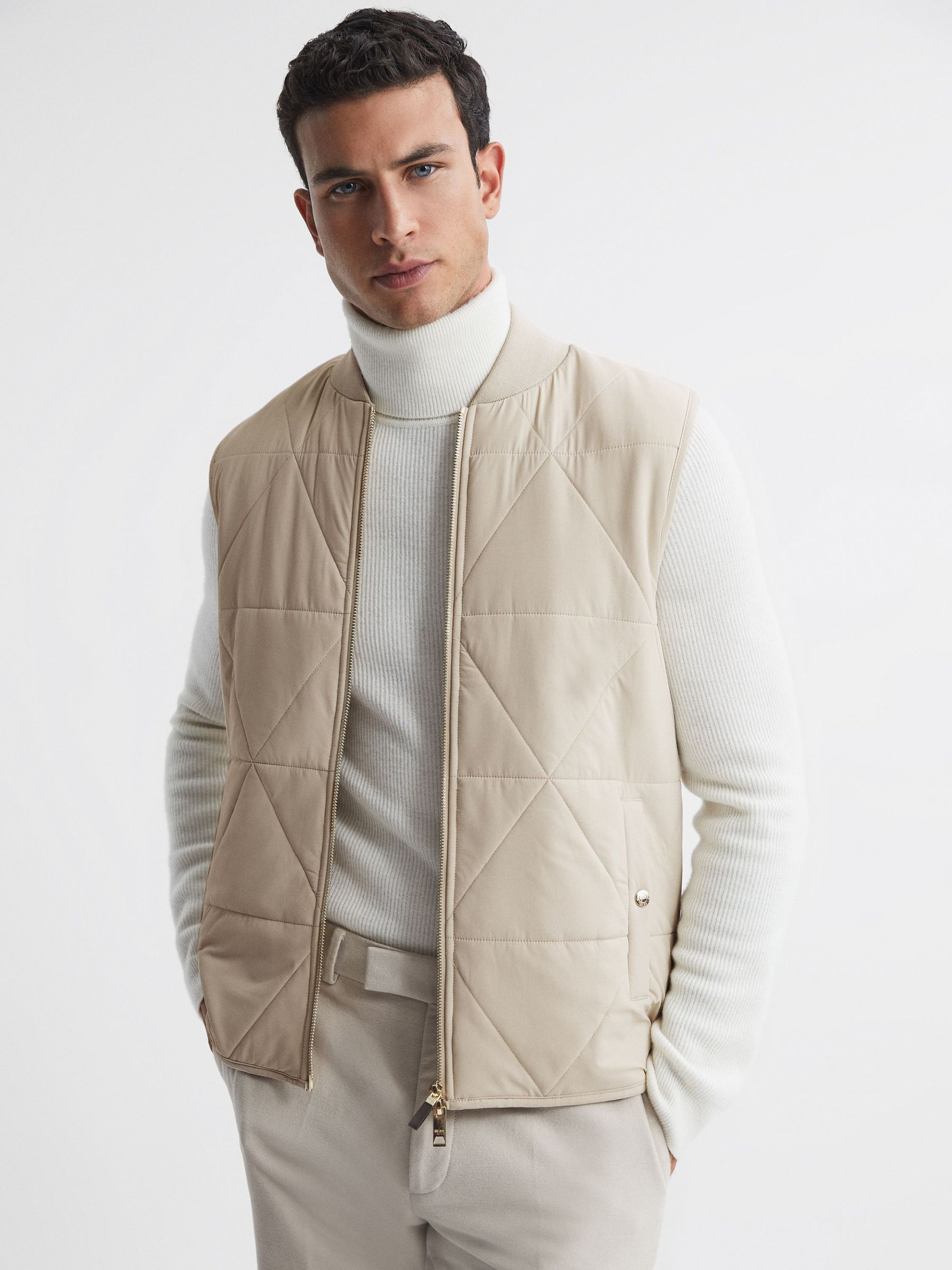 Hybrid Knitted-Quilted Sleeveless Jacket in Stone (134811) | £53