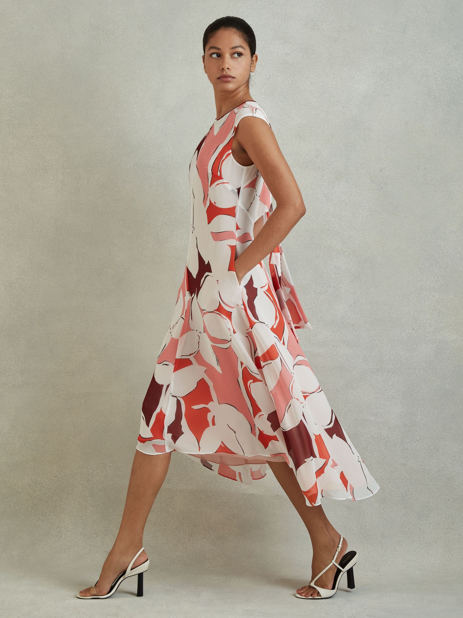 Printed Open Back Midi Dress in Red (140570) | £50
